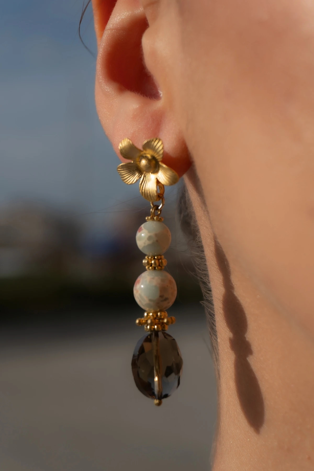 Kuvars Doğal Taş Altın Kaplama Pirinç El Yapımı Küpe