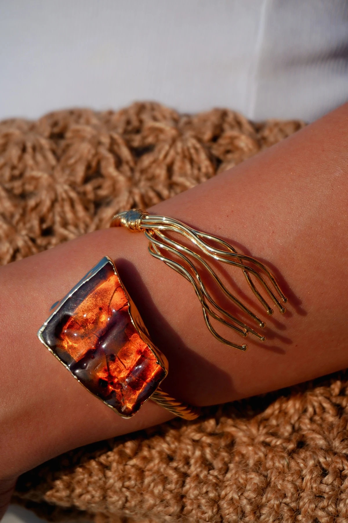 Kehribar Doğal Taş Altın Kaplama Pirinç El Yapımı Bilezik