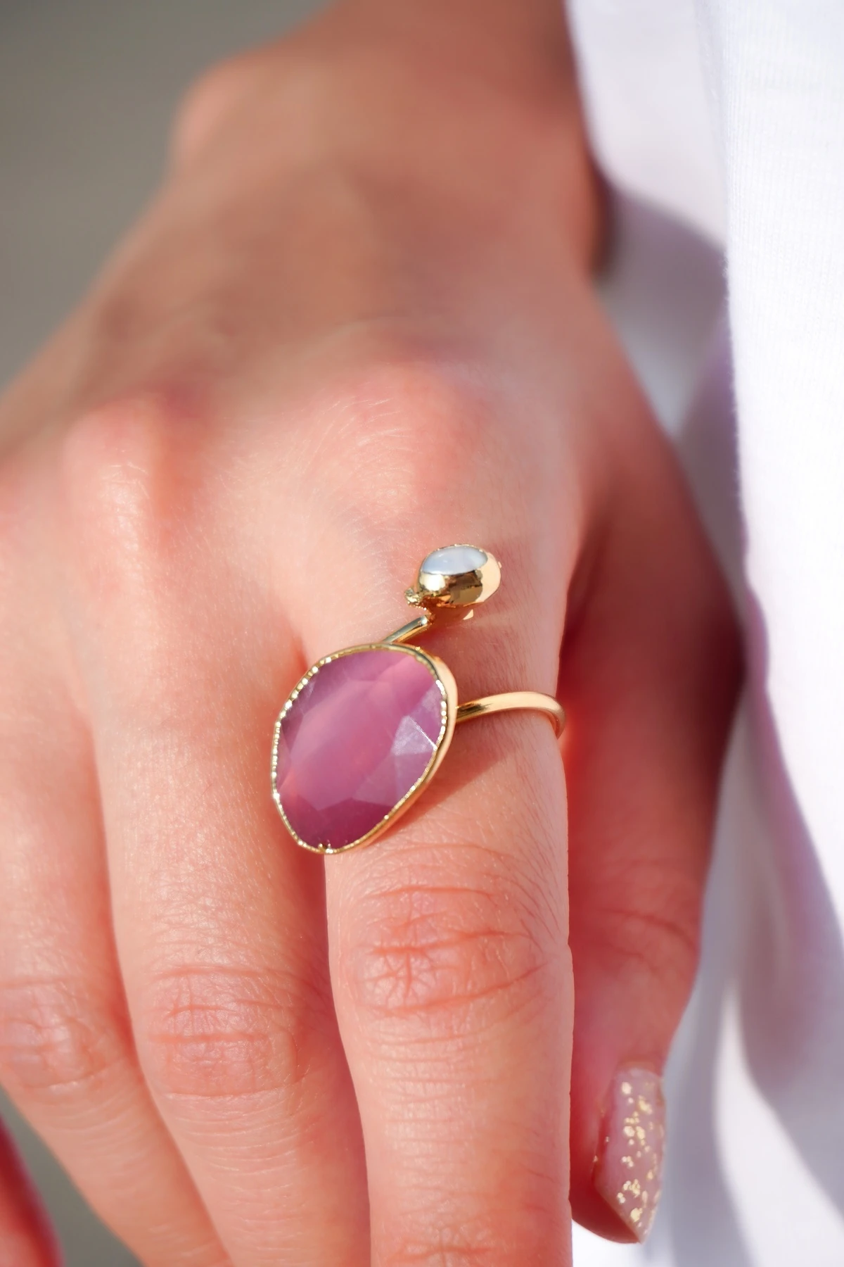 Kedigözü ve İnci Doğal Taş Altın Kaplama Pirinç El Yapımı Yüzük