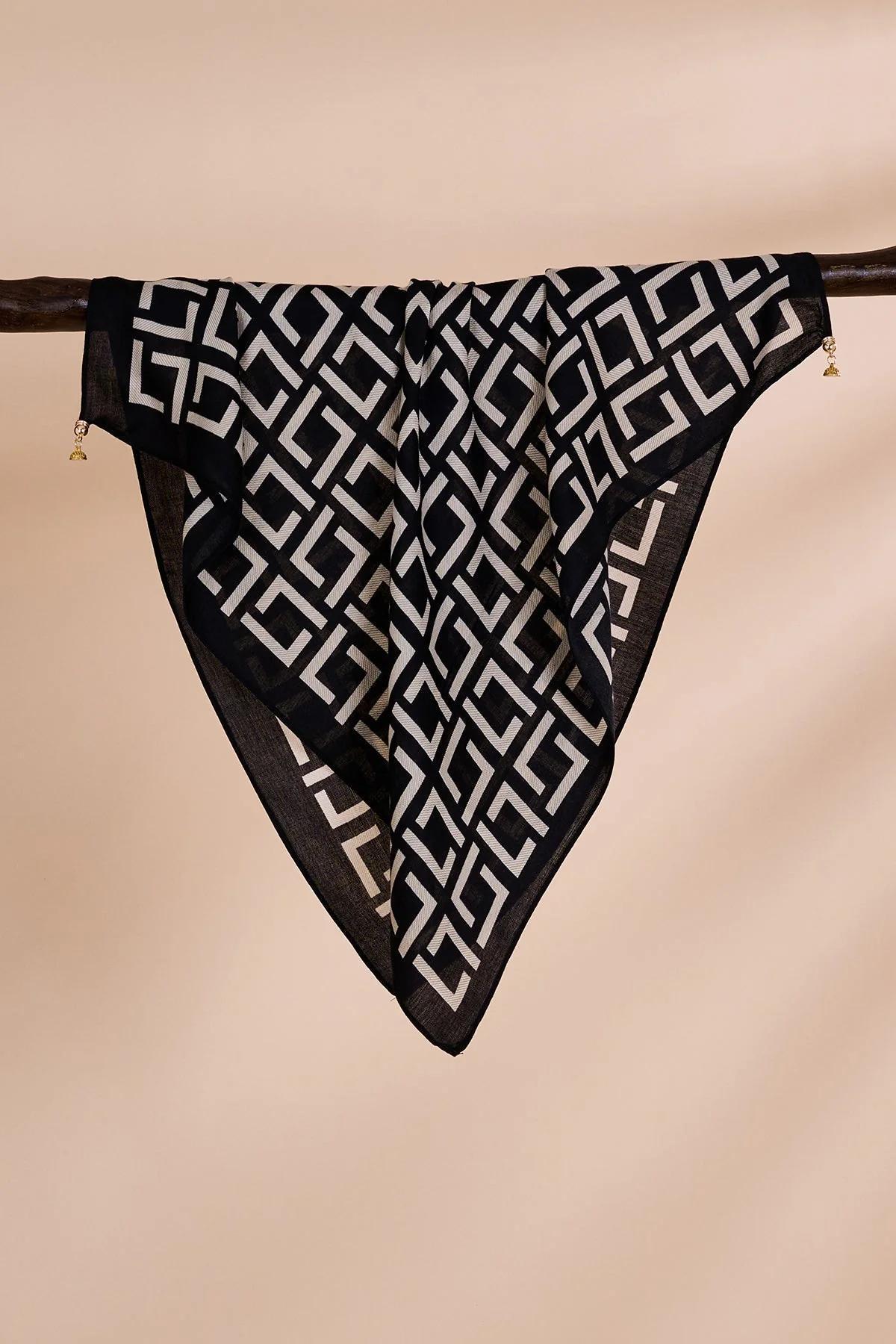 Mıknatıslı Çift Taraflı Desenli Fular - siyah