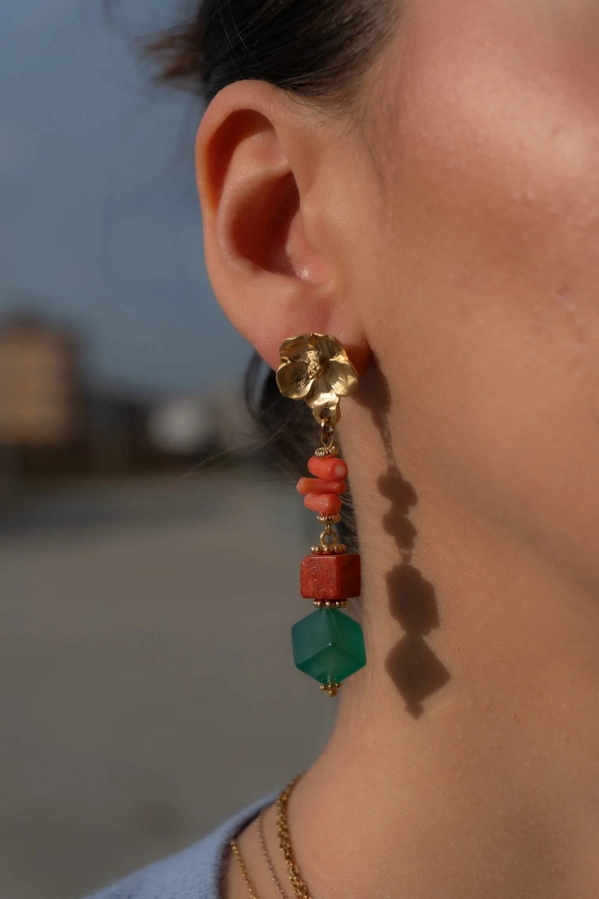 Kuvars Doğal Taş Altın Kaplama Pirinç El Yapımı Küpe