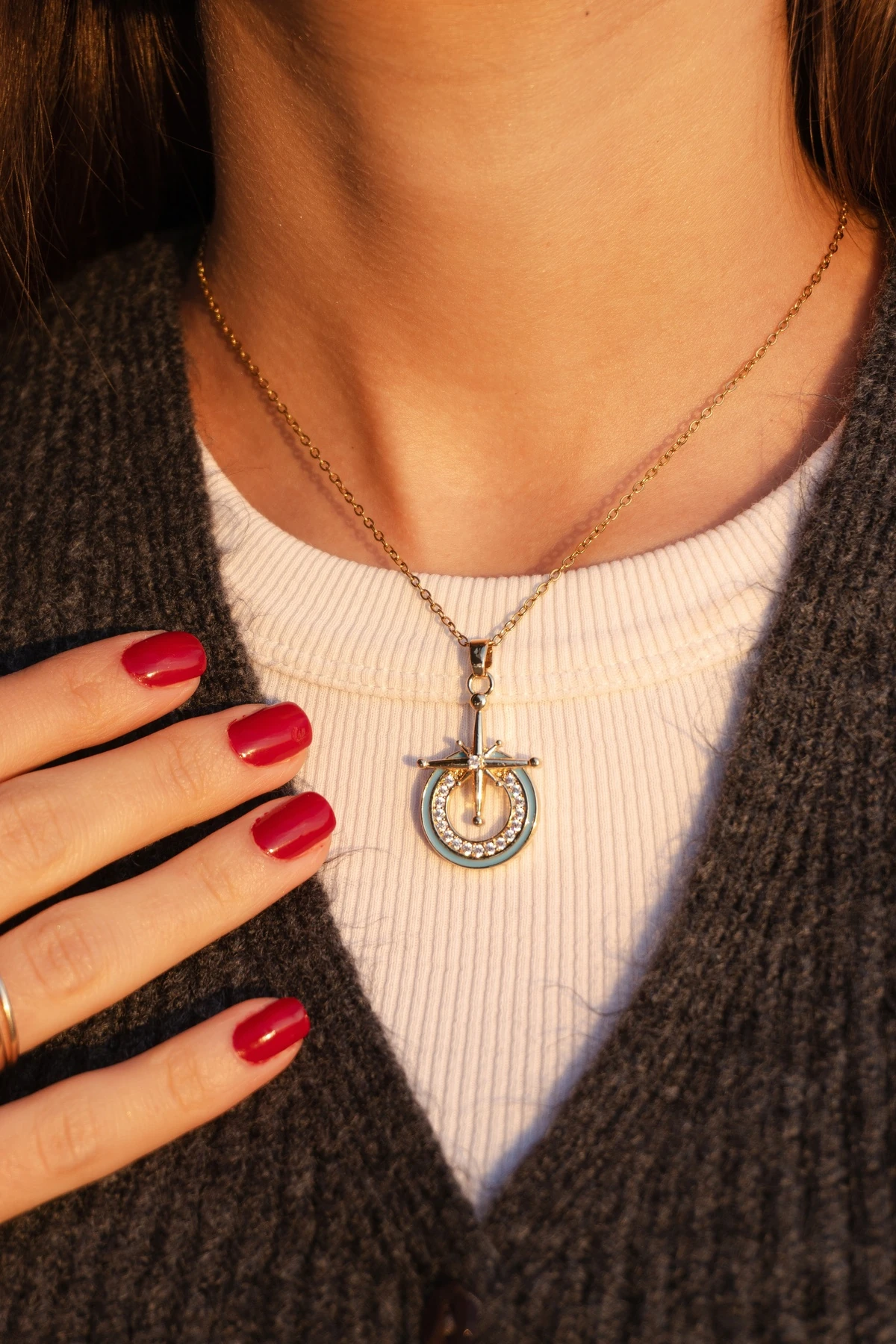 Çelik Kutup Yıldızı Zirkon Taşlı Kolye