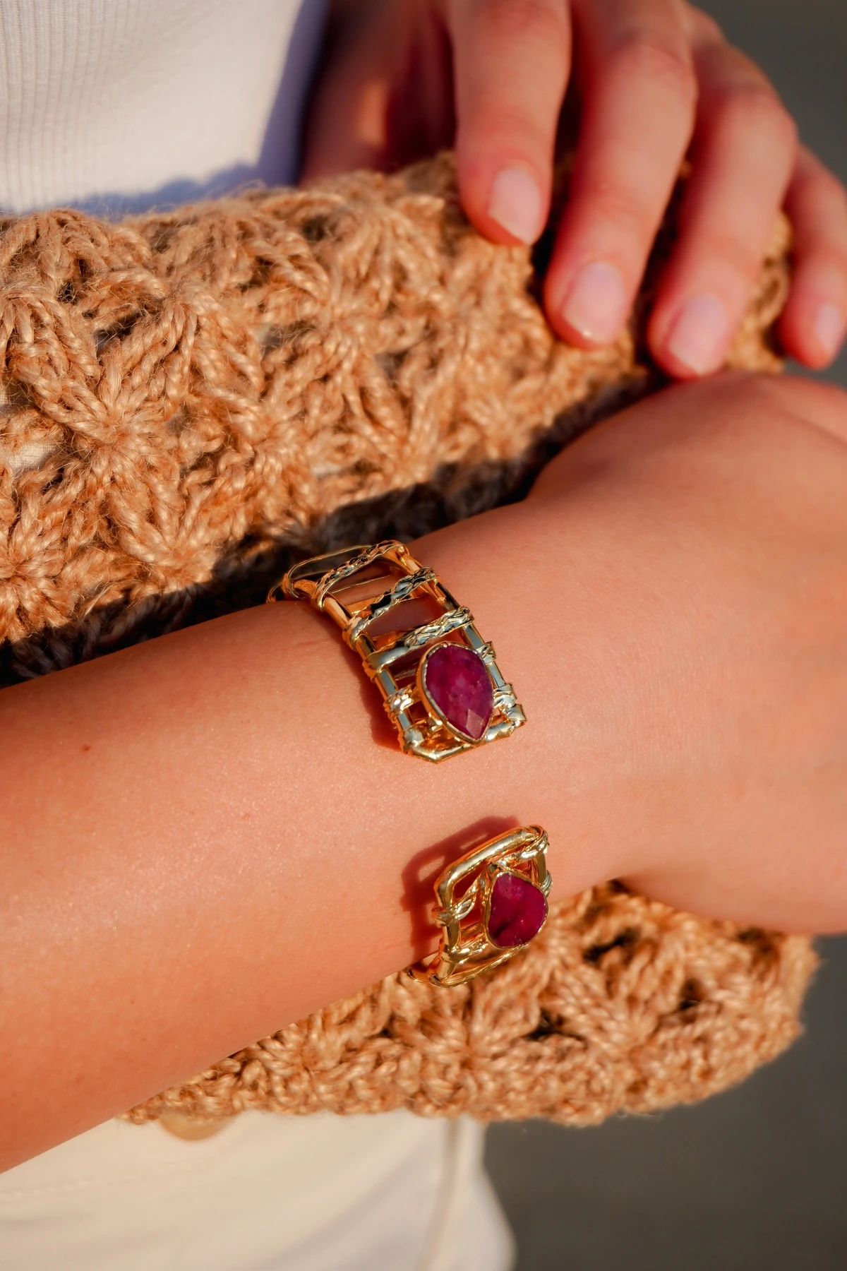 Yakut Doğal Taş Altın Kaplama Pirinç El Yapımı Bilezik