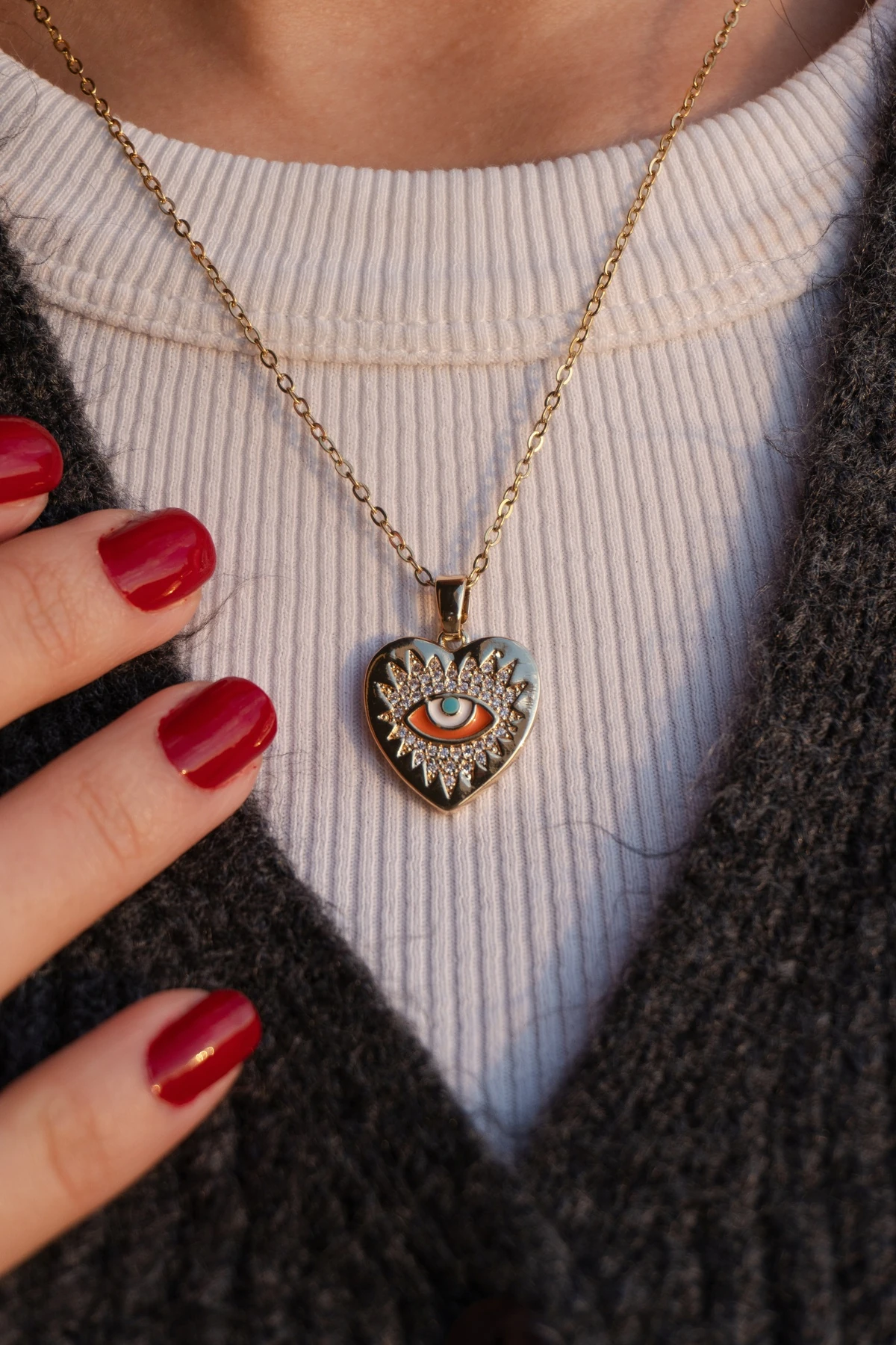 Çelik Kalp Nazar Göz Zirkon Taşlı Kadın Kolye