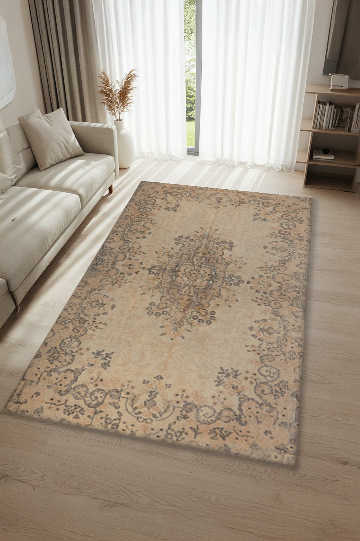 Etnik Desenli Bambu Salon Halısı Dijital Baskılı Yıkanabilir Kaymaz Pamuk Taban - KEH538