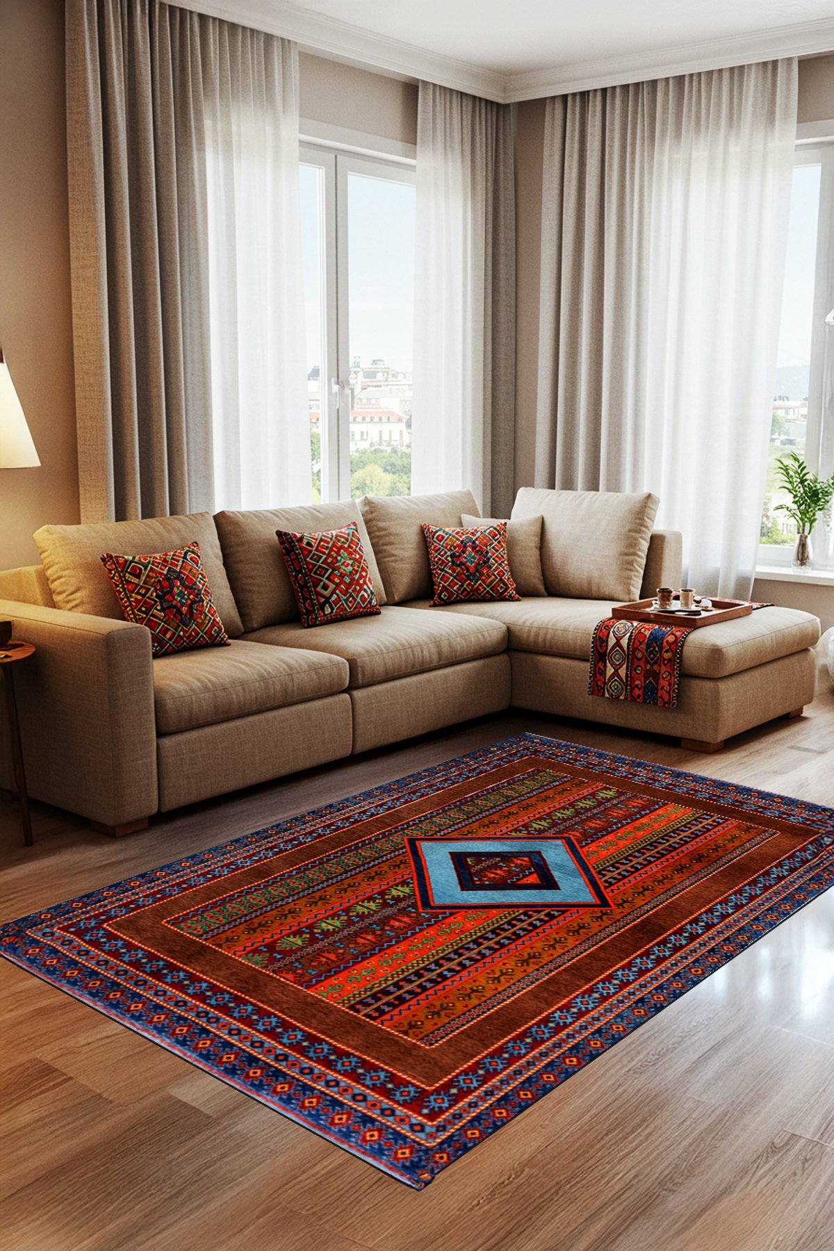 Klasik Desenli Dijital Baskılı Yıkanabilir Kaymaz Taban Salon Halısı - KKSH227