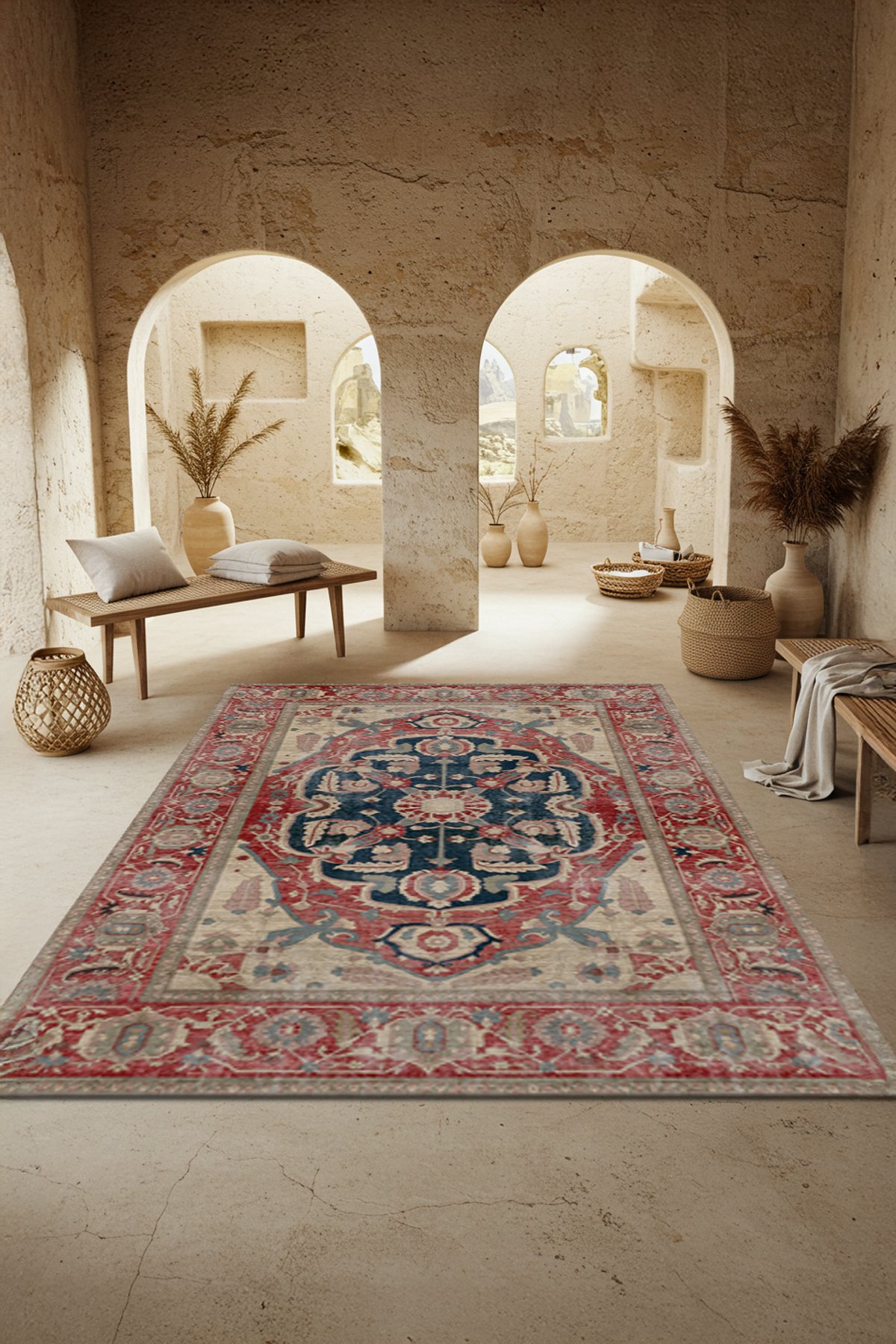 Etnik Desenli Bambu Salon Halısı Dijital Baskılı Yıkanabilir Kaymaz Pamuk Taban - KEH562