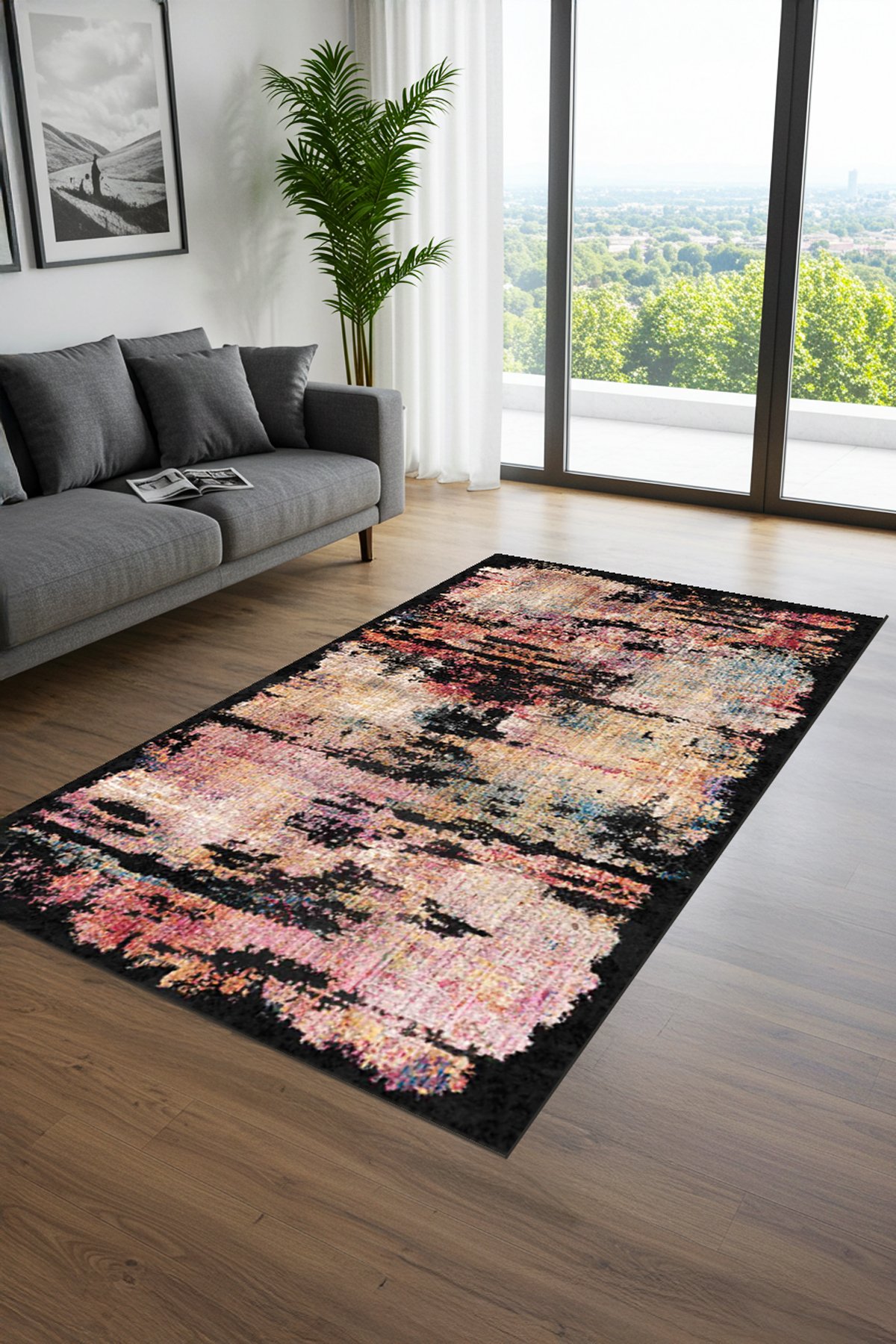 Dekoratif Modern Dijital Baskılı Yıkanabilir Kaymaz Taban Salon Halısı - KMSH350