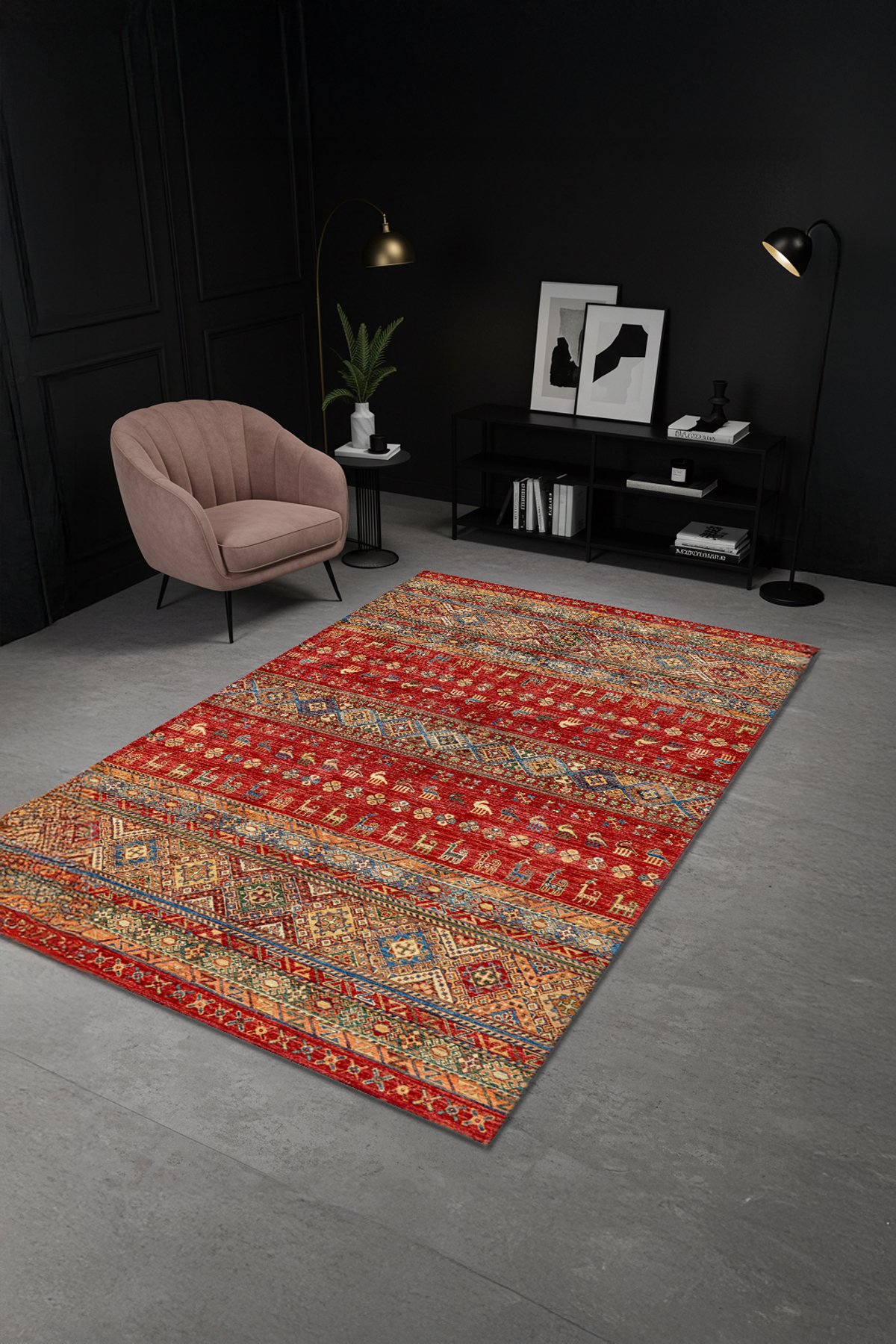 Etnik Desenli Bambu Salon Halısı Dijital Baskılı Yıkanabilir Kaymaz Pamuk Taban - KEH506