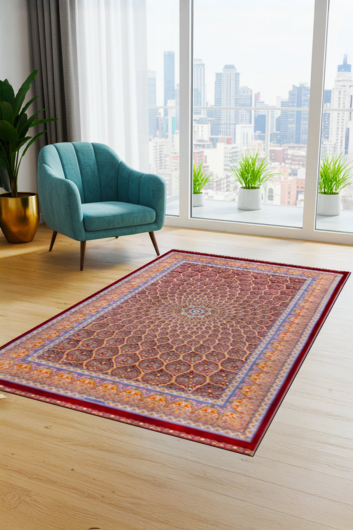 Klasik Desenli Dijital Baskılı Yıkanabilir Kaymaz Taban Salon Halısı - KKSH411