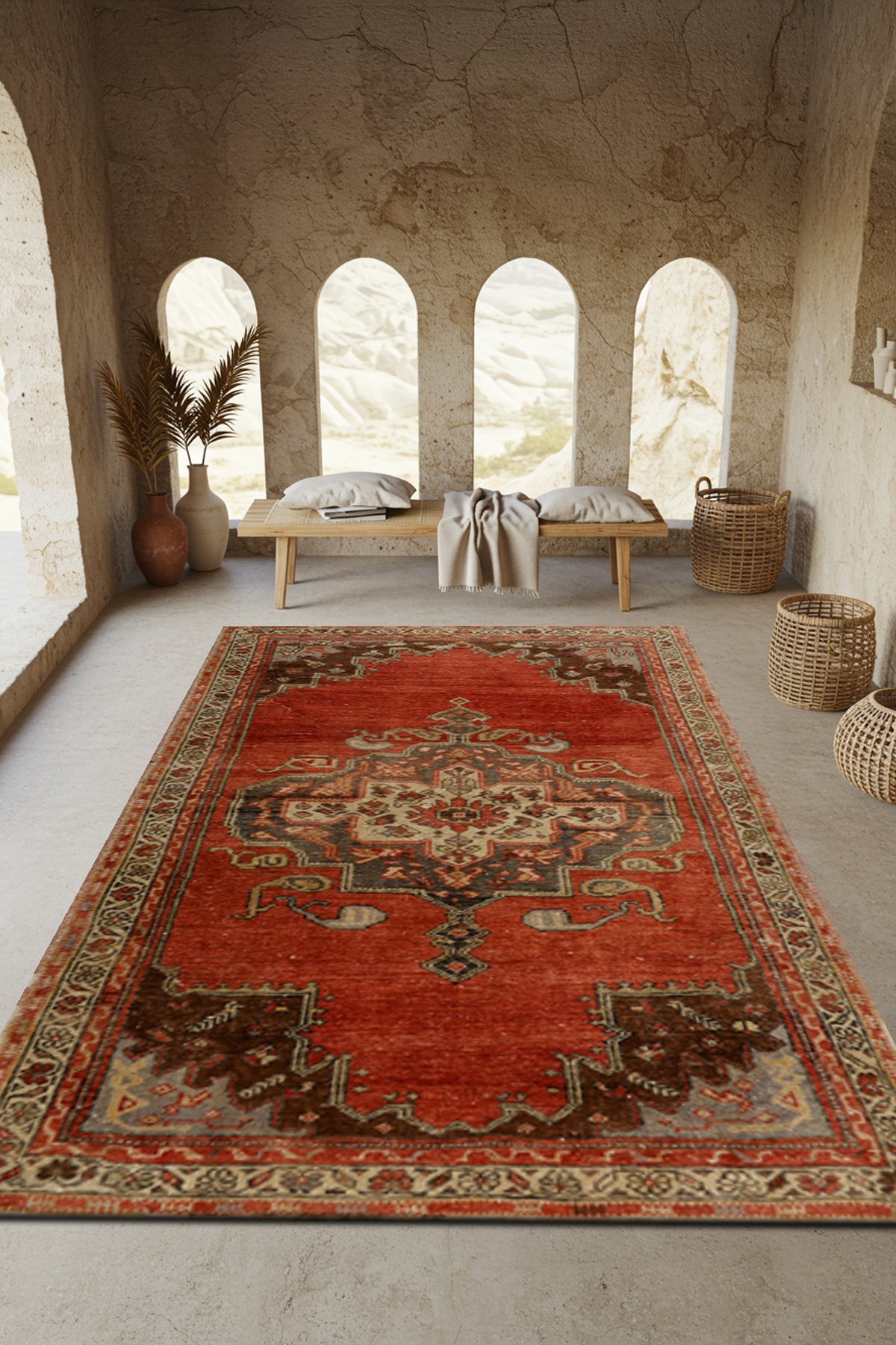 Etnik Desenli Bambu Salon Halısı Dijital Baskılı Yıkanabilir Kaymaz Pamuk Taban - KEH546