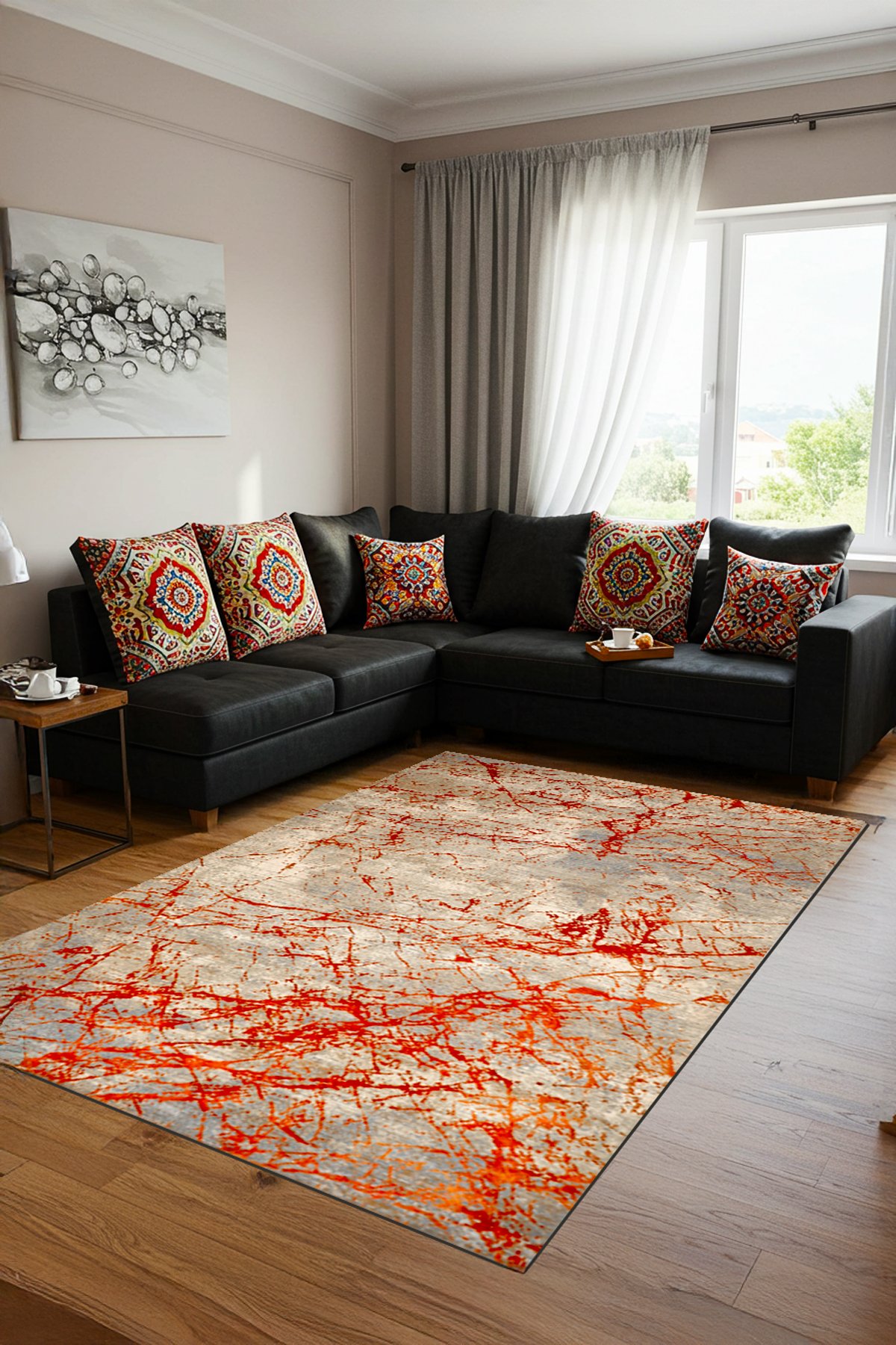 Dekoratif Modern Dijital Baskılı Yıkanabilir Kaymaz Taban Salon Halısı - KMSH458