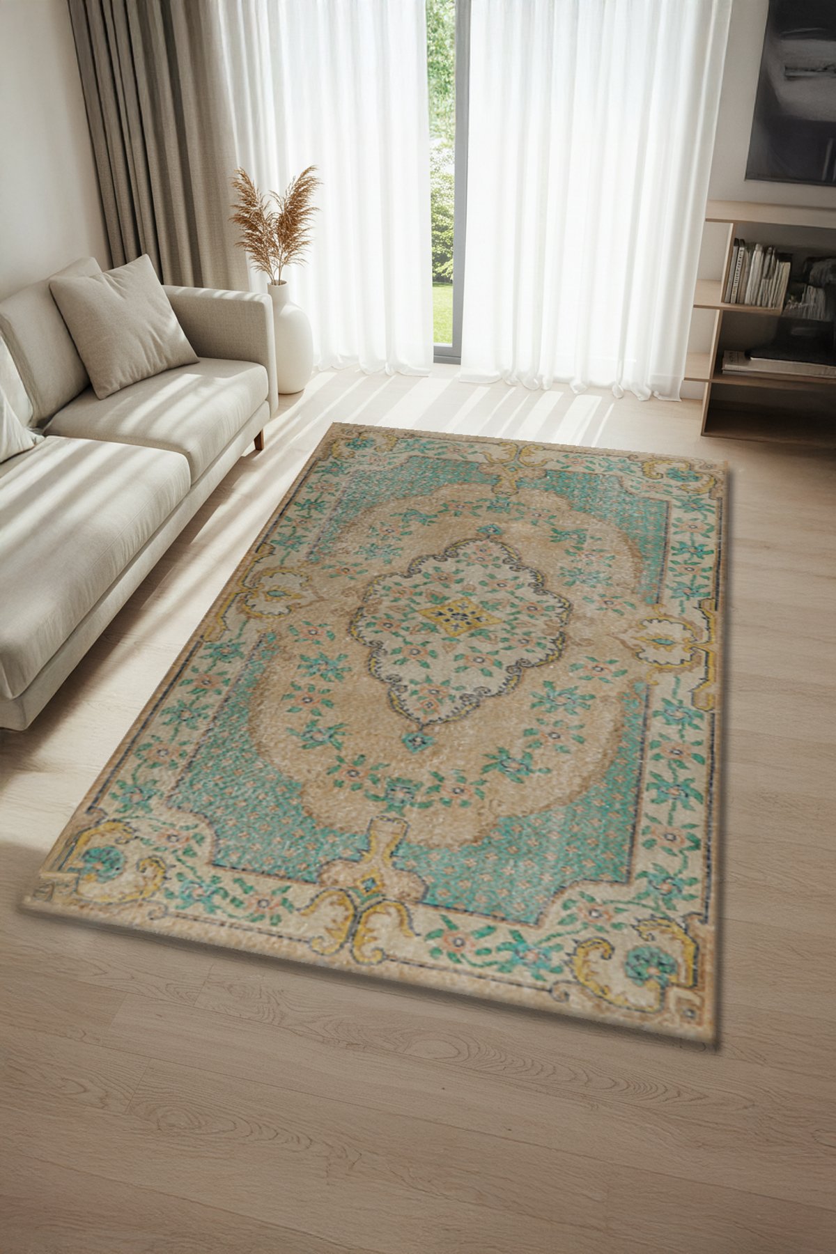 Etnik Desenli Bambu Salon Halısı Dijital Baskılı Yıkanabilir Kaymaz Pamuk Taban - KEH534