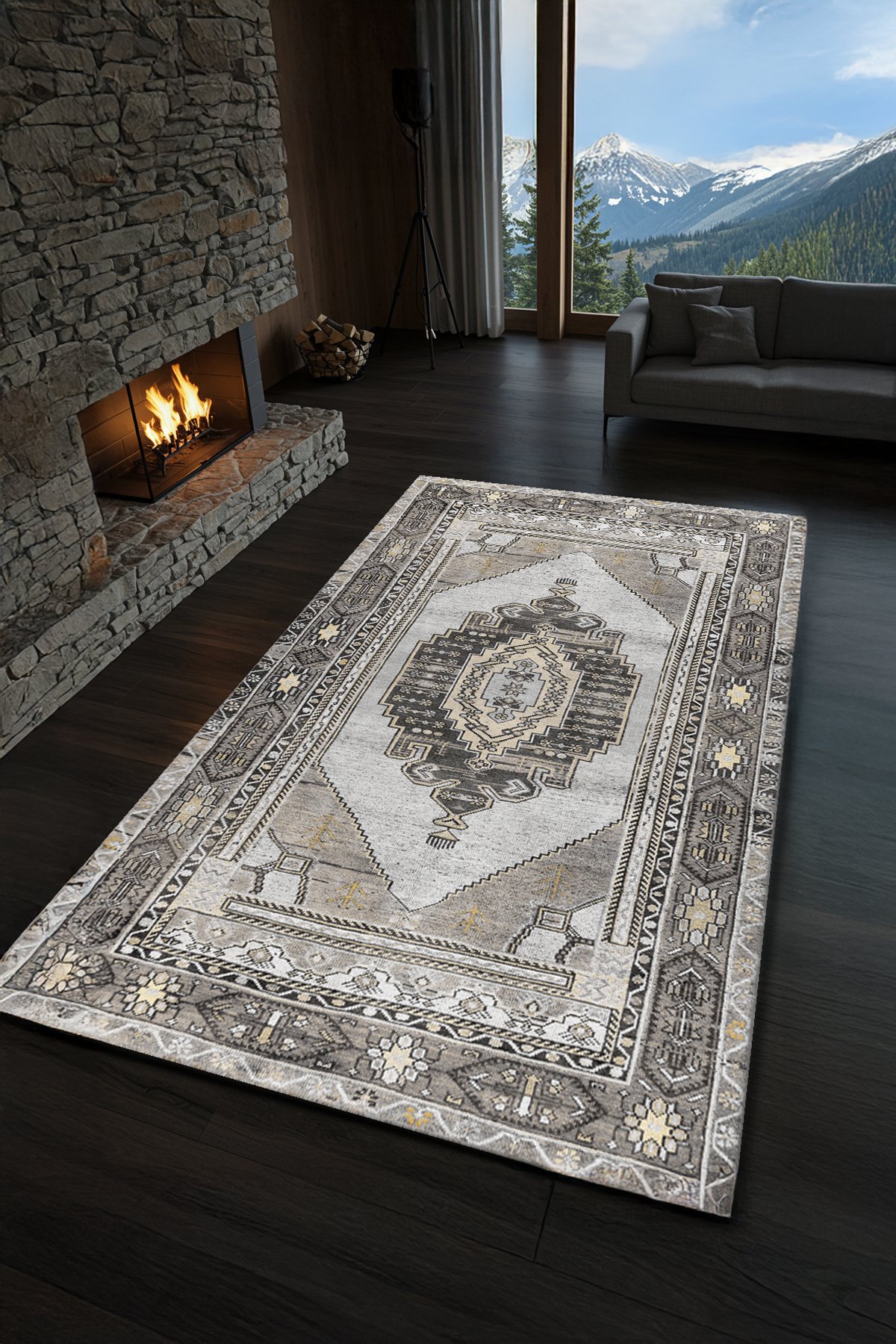Etnik Desenli Bambu Salon Halısı Dijital Baskılı Yıkanabilir Kaymaz Pamuk Taban - KEH636