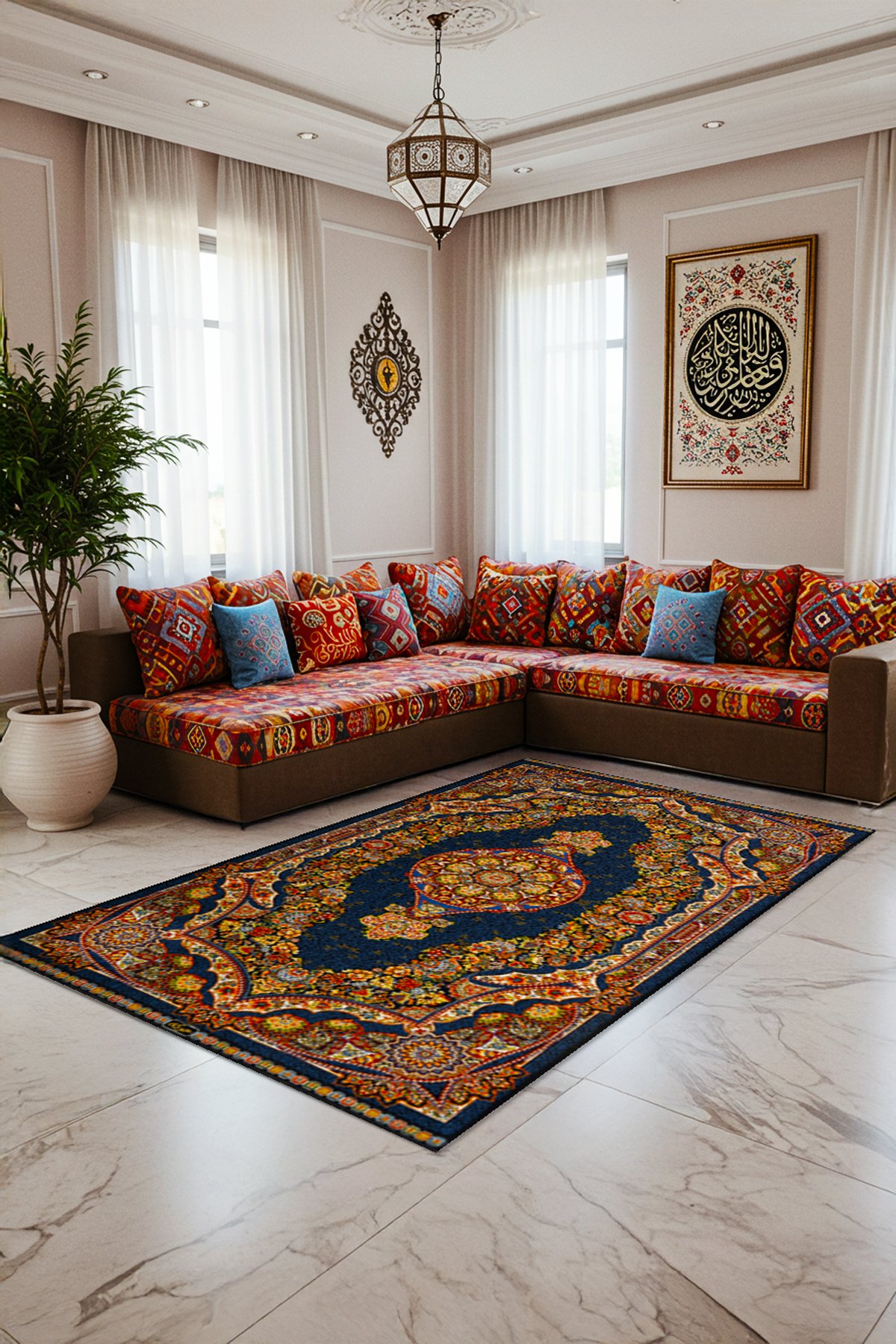 Klasik Desenli Dijital Baskılı Yıkanabilir Kaymaz Taban Salon Halısı - KKSH301
