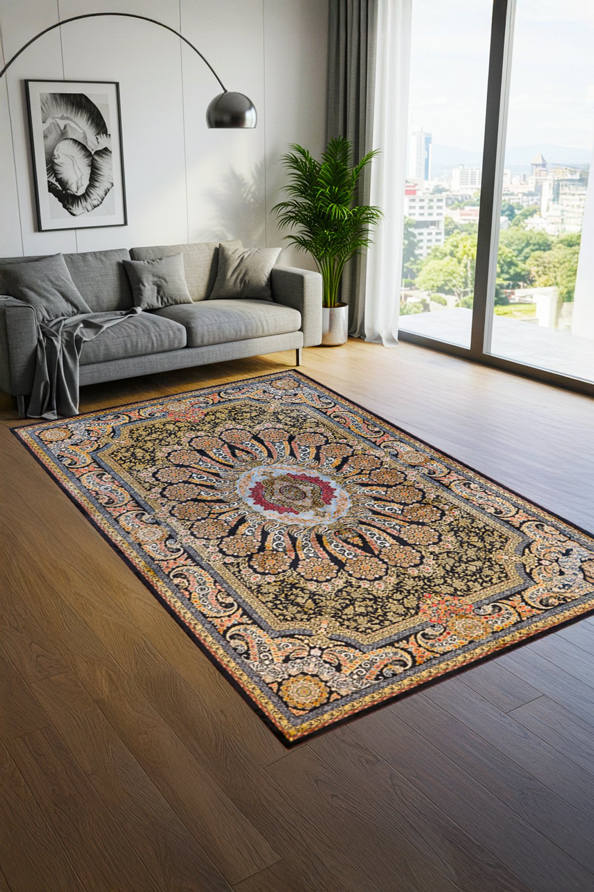 Klasik Desenli Dijital Baskılı Yıkanabilir Kaymaz Taban Salon Halısı - KKSH407
