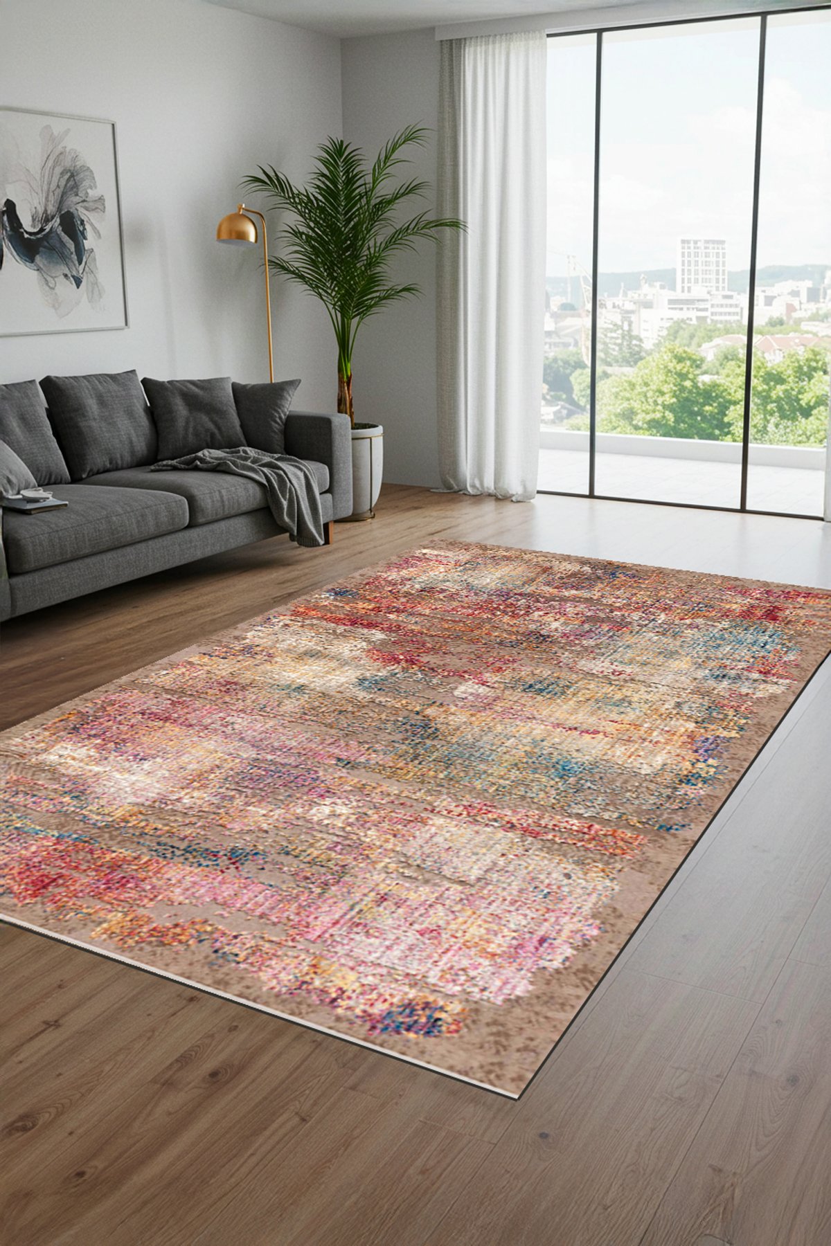 Dekoratif Modern Dijital Baskılı Yıkanabilir Kaymaz Taban Salon Halısı - KMSH354