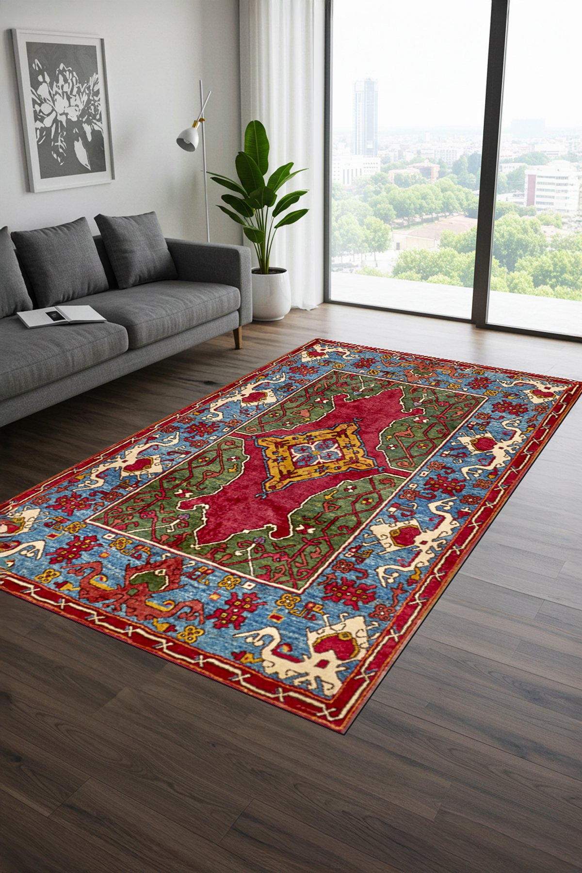 Etnik Desenli Dijital Baskılı Yıkanabilir Kaymaz Tabanlı Salon Halısı - KEH499