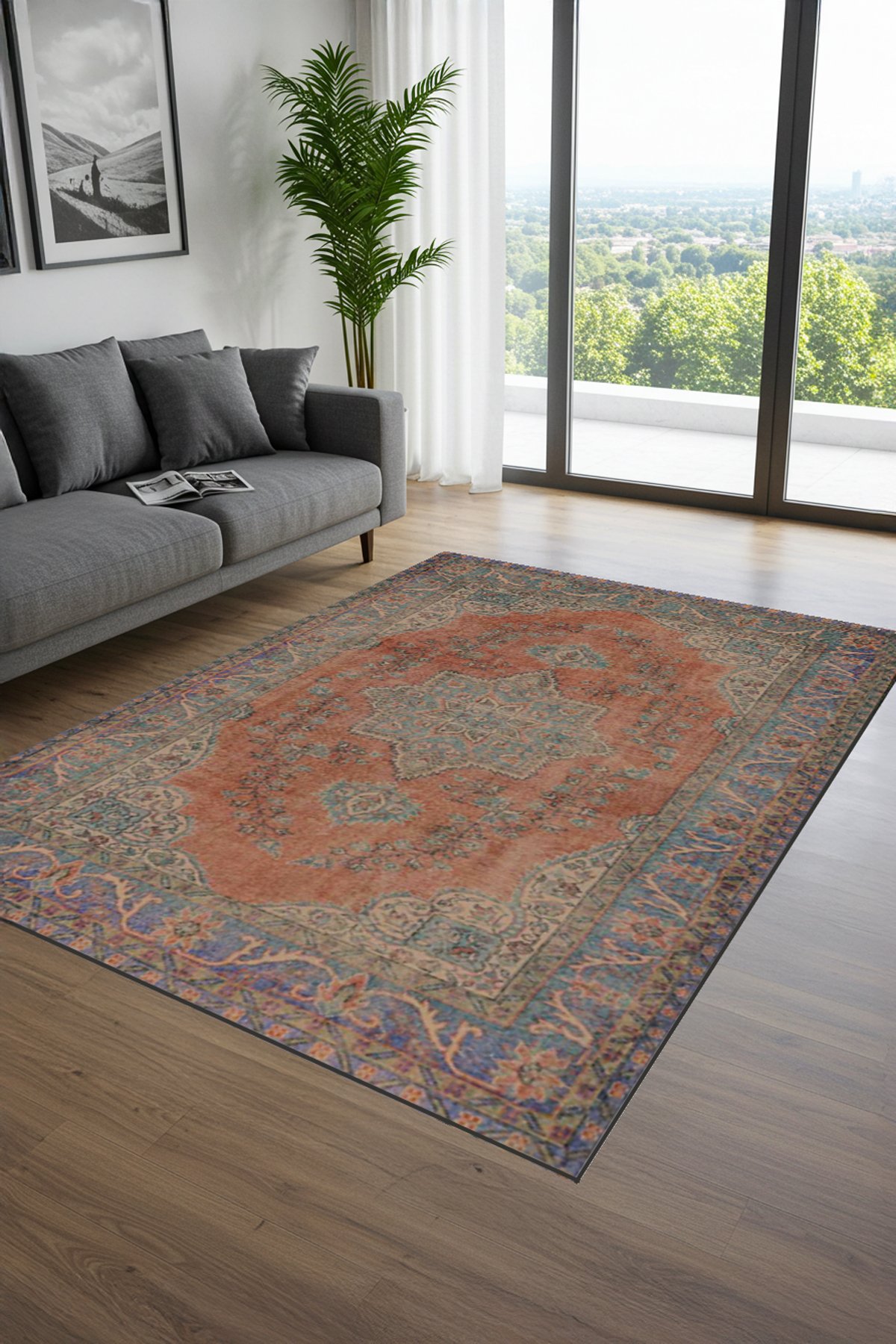 Etnik Desenli Dijital Baskılı Yıkanabilir Kaymaz Tabanlı Salon Halısı - KEH601