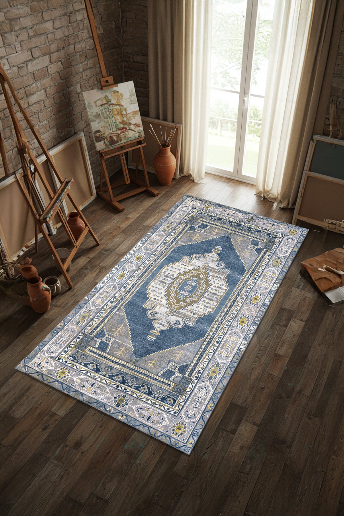 Etnik Desenli Bambu Salon Halısı Dijital Baskılı Yıkanabilir Kaymaz Pamuk Taban - KEH637