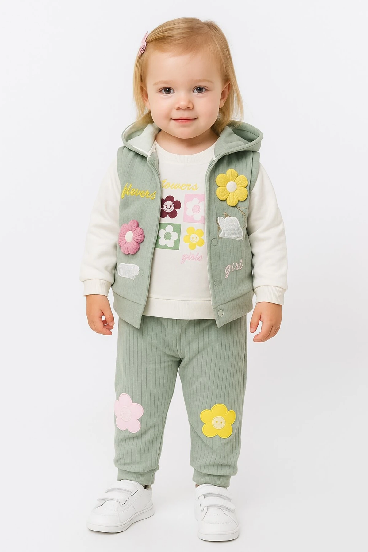 Çiçek Nakışlı Yelekli Kız Bebek Alt Üst Takım