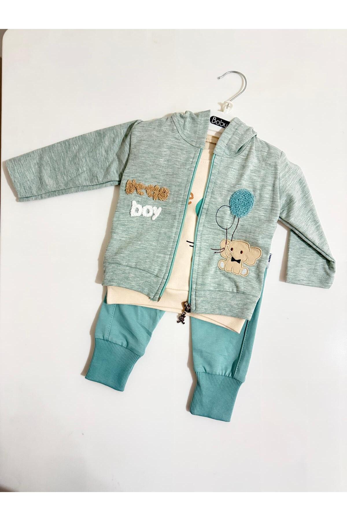 Balonlu Fil Kapüşonlu Ceketli 3'lü Erkek Bebek Takım