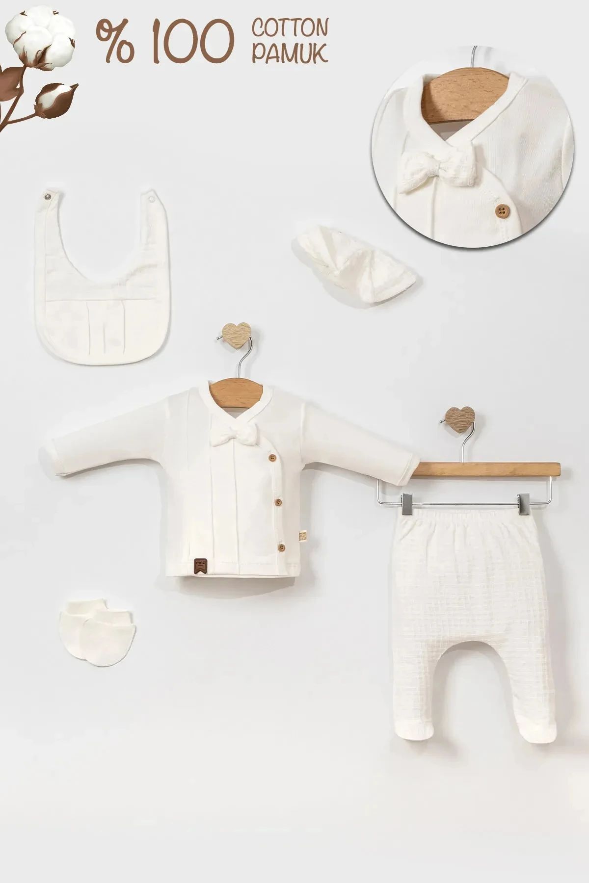 5'li Nervürlü, Papyonlu Yenidoğan Hastane Çıkış Seti,%100 Pamuklu Bebek Zıbın Seti Mevlüt Takımı