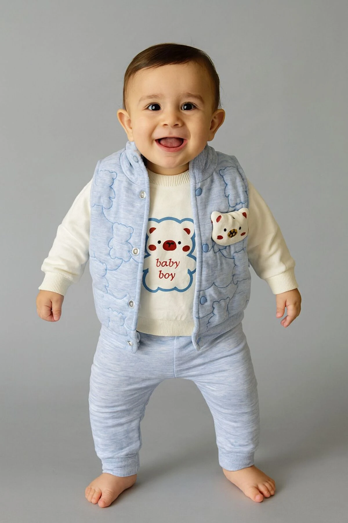 Ayıcıklı Yelekli Kapüşonlu 3'lü Erkek Takım