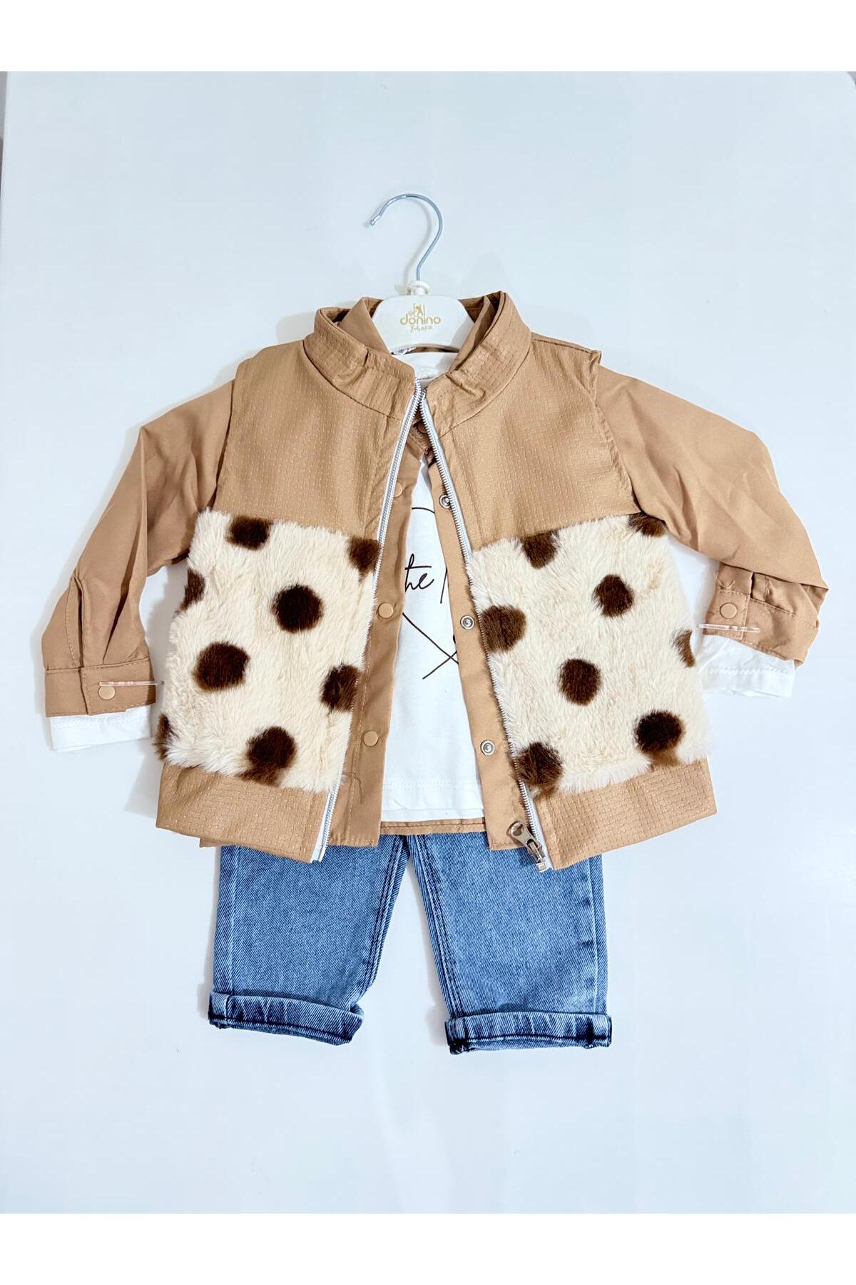 Kare Deri Peluş Yelek 4'lü Kız Bebek Şık Takım
