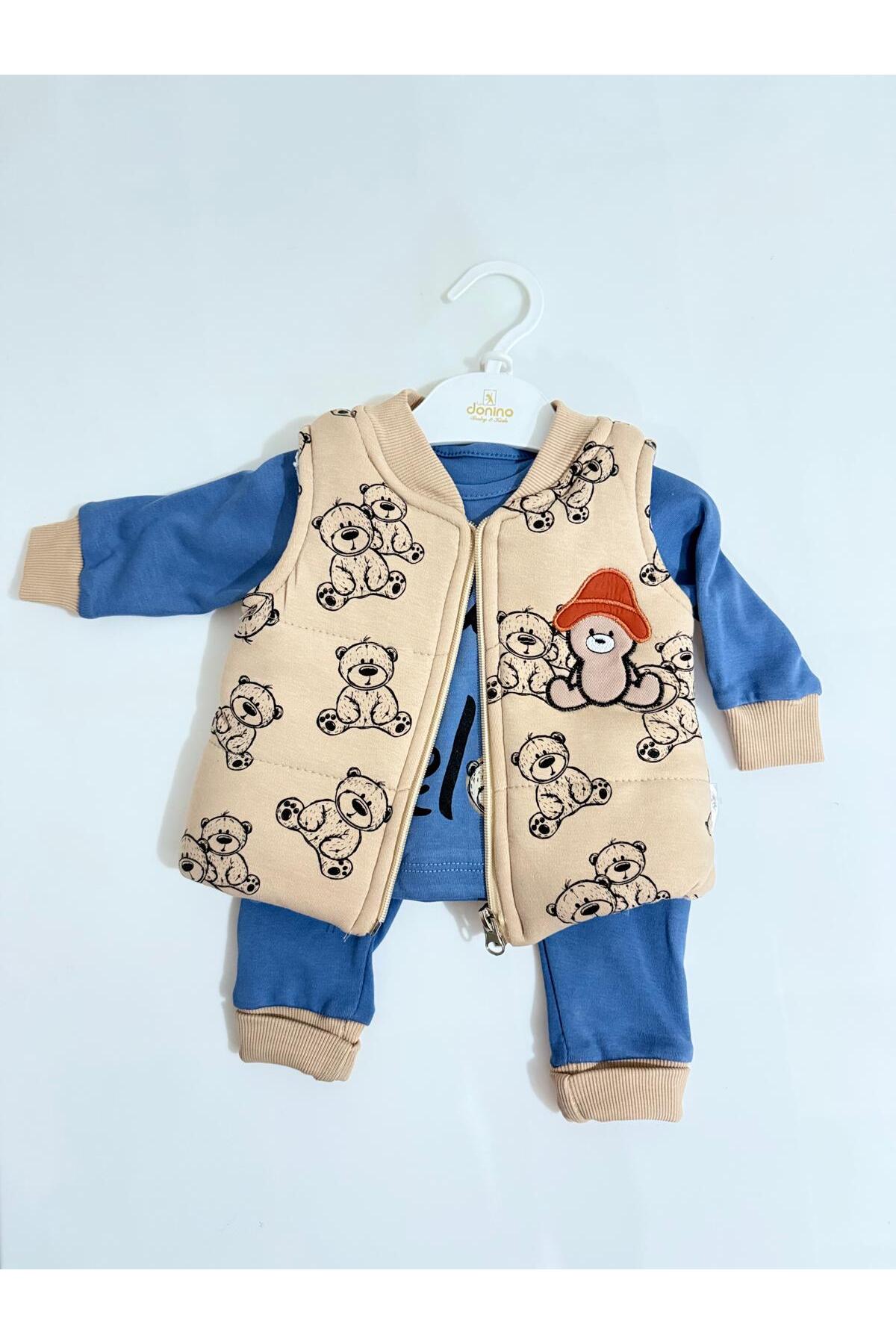 Ayı Nakışlı Yelek 3'lü Erkek Bebek Takım