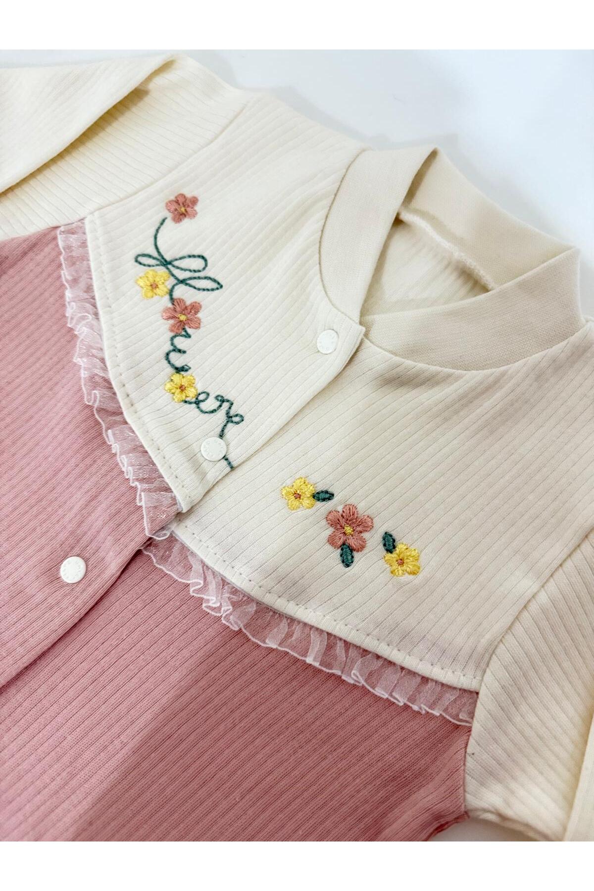 Çiçekli Pembe Yenidoğan Patikli Tulum