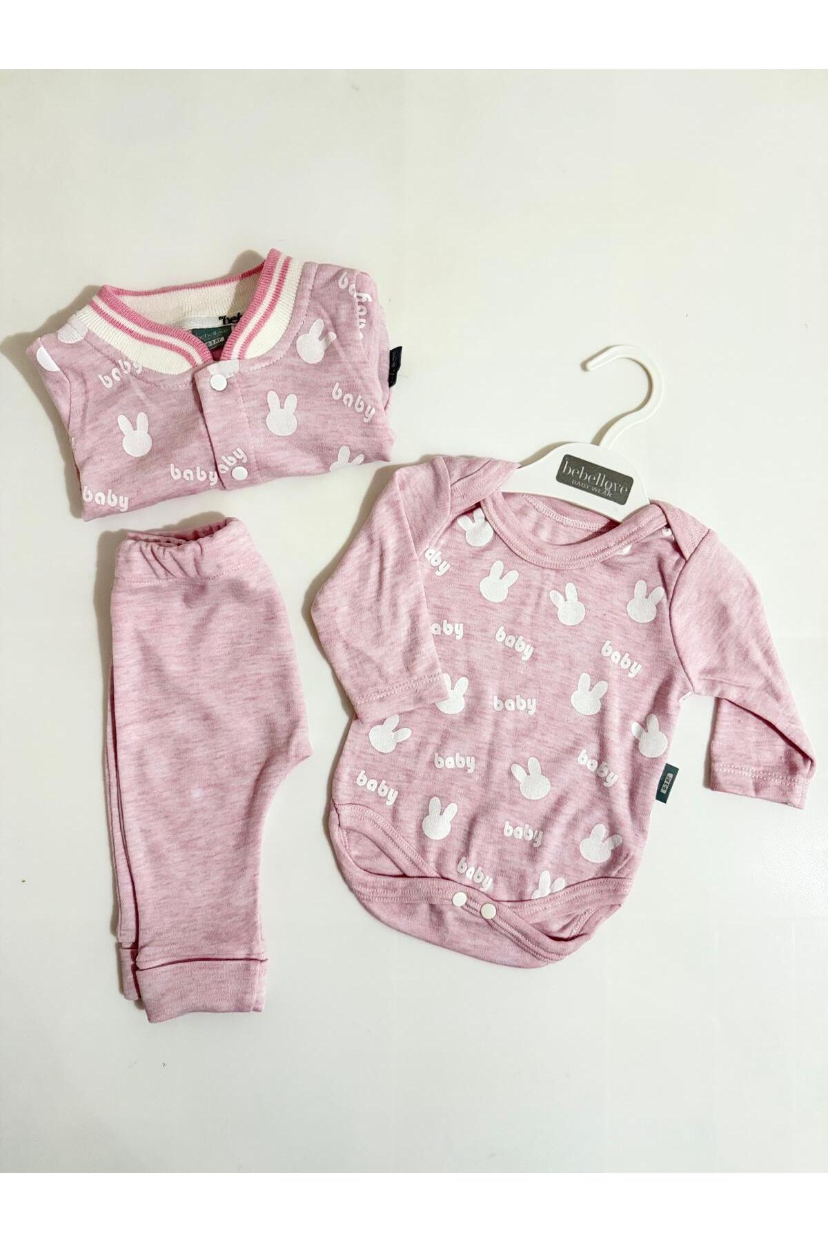 Tavşan Baskılı Hırka Zıbınlı 3'lü Takım