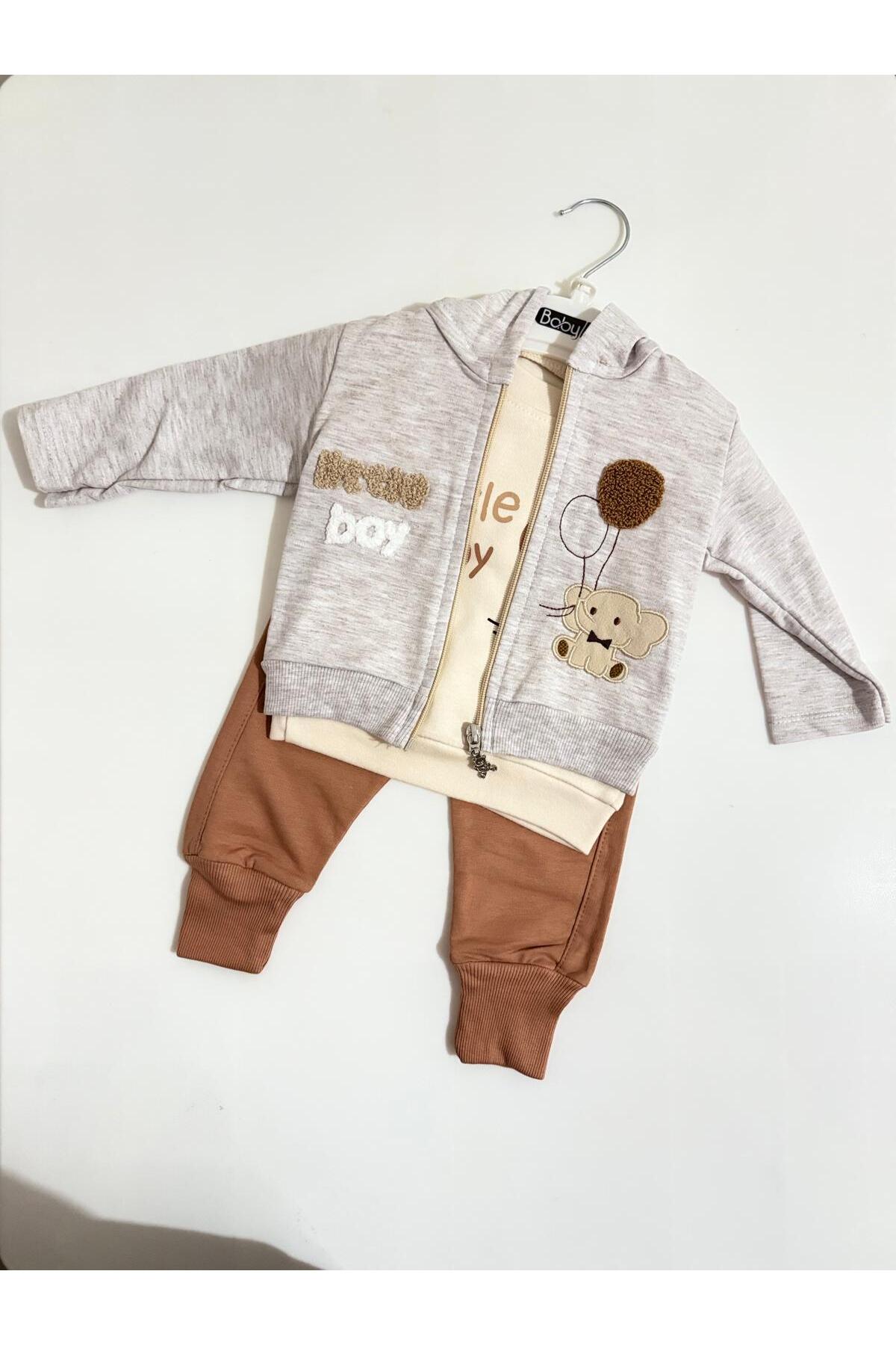 Balonlu Fil Kapüşonlu Ceketli 3'lü Erkek Bebek Takım