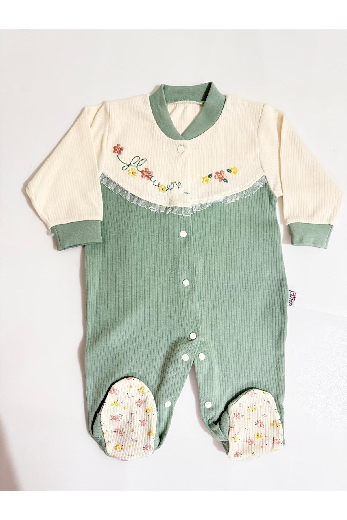 Çiçekli Mint Yeşili Yenidoğan Patikli Tulum