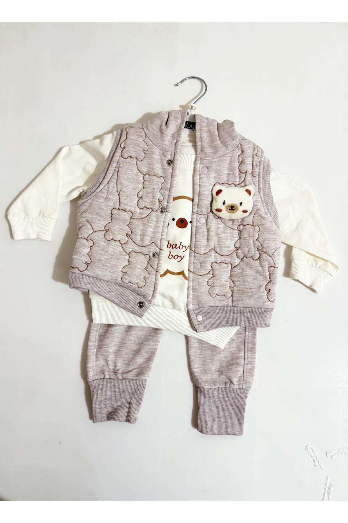 Ayıcıklı Yelekli Kapüşonlu 3'lü Erkek Bebek Takım
