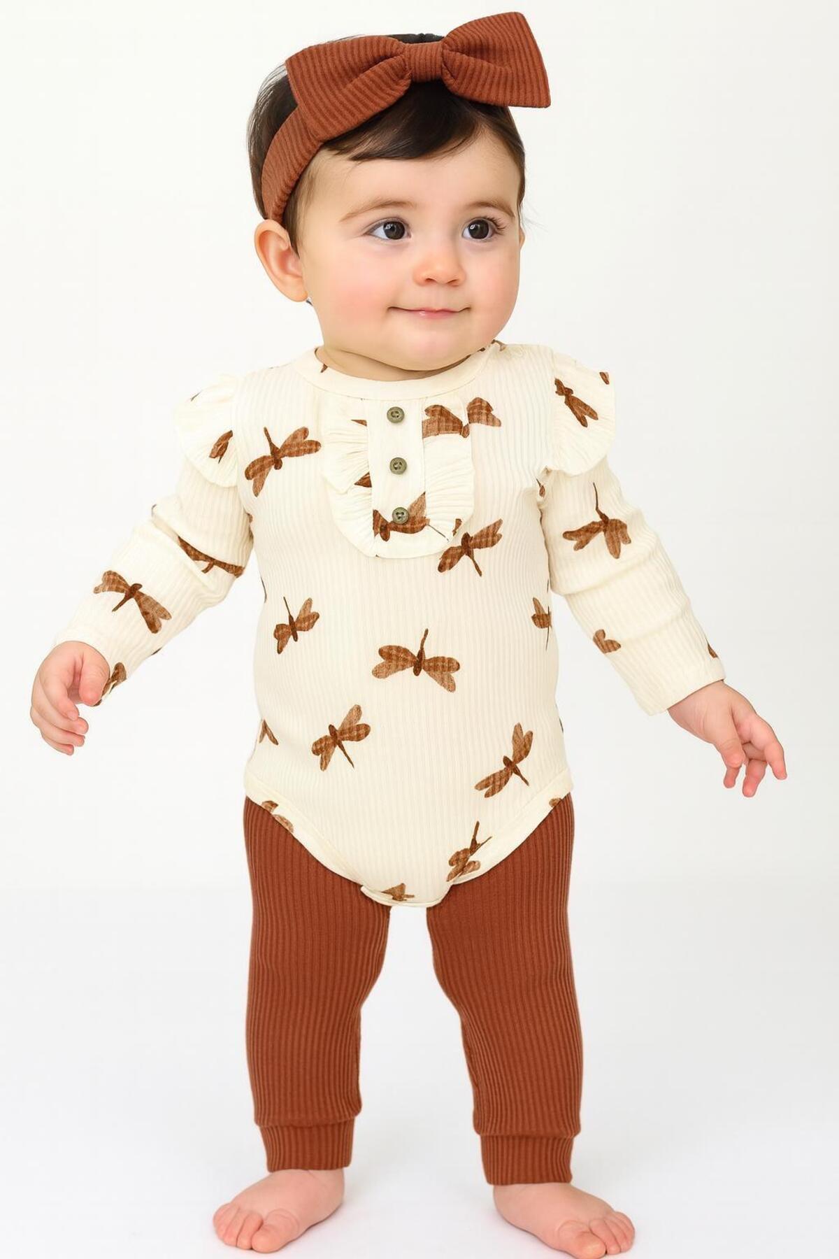 Çıtçıtlı Yusufçuk Desenli 3'lü Pamuklu Fitilli Kız Bebek Body Takım