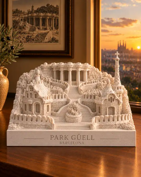 Park Güell Mirası Dekoratif Obje; kıvrımlı mimari formlar ve merkezî merdiven