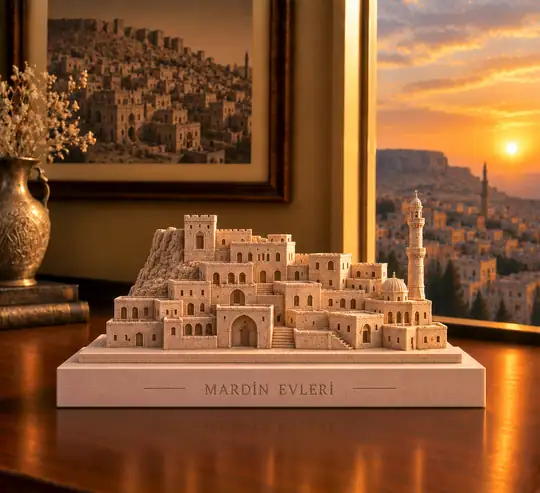 Mardin Taş Evleri Mirası Dekoratif Obje; katmanlı evler, teraslar ve kemerli açıklıklar