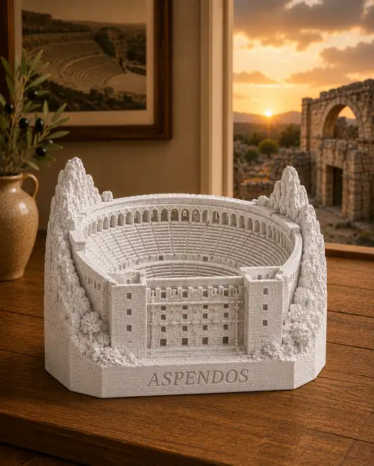 Aspendos Tiyatrosu Mirası Dekoratif Obje; yarım daire biçimli oturma sıraları ve sahne yapısı