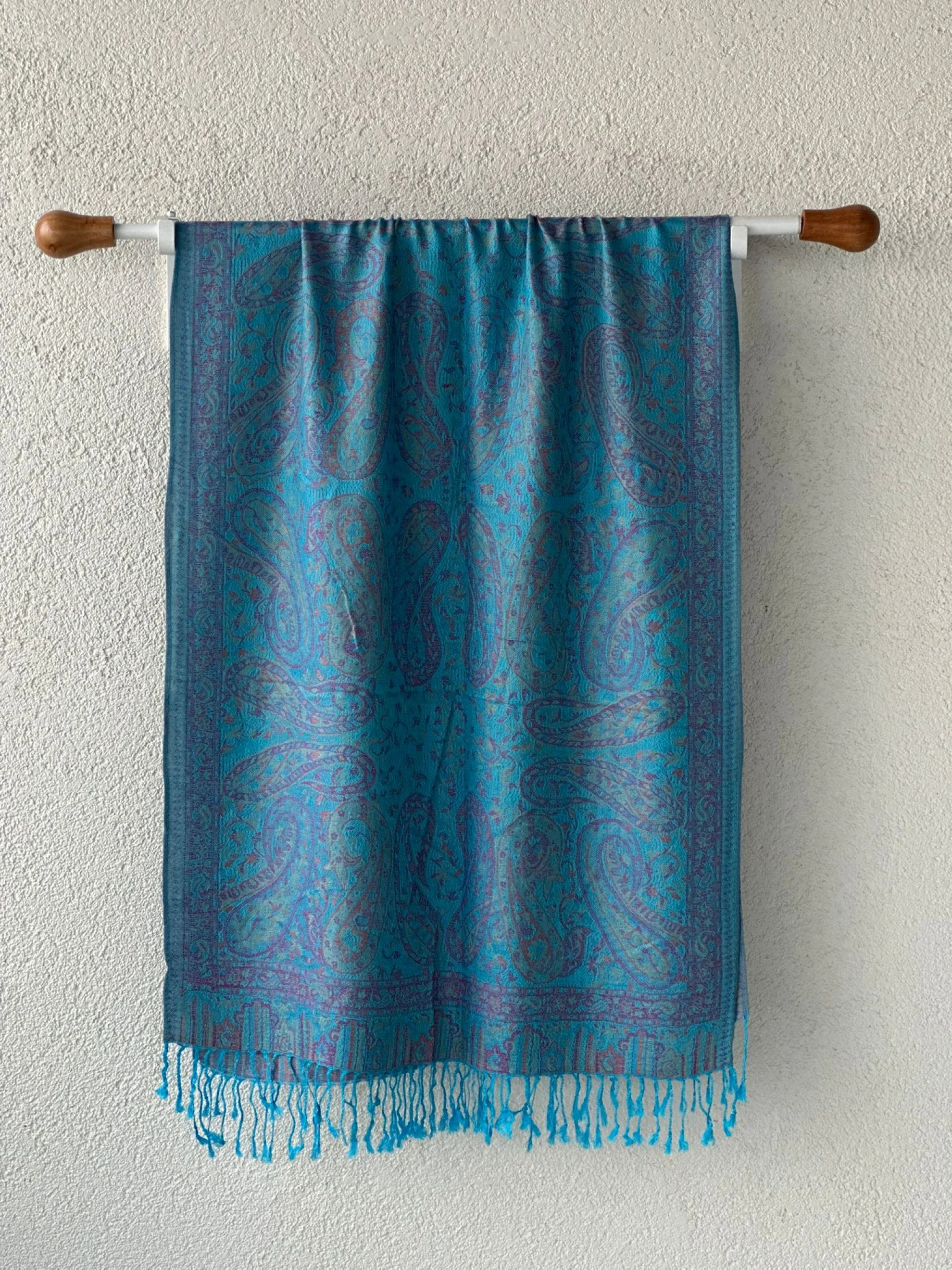 Pashmina Omuz Şalı - Etnik Desen - Gök Mavi