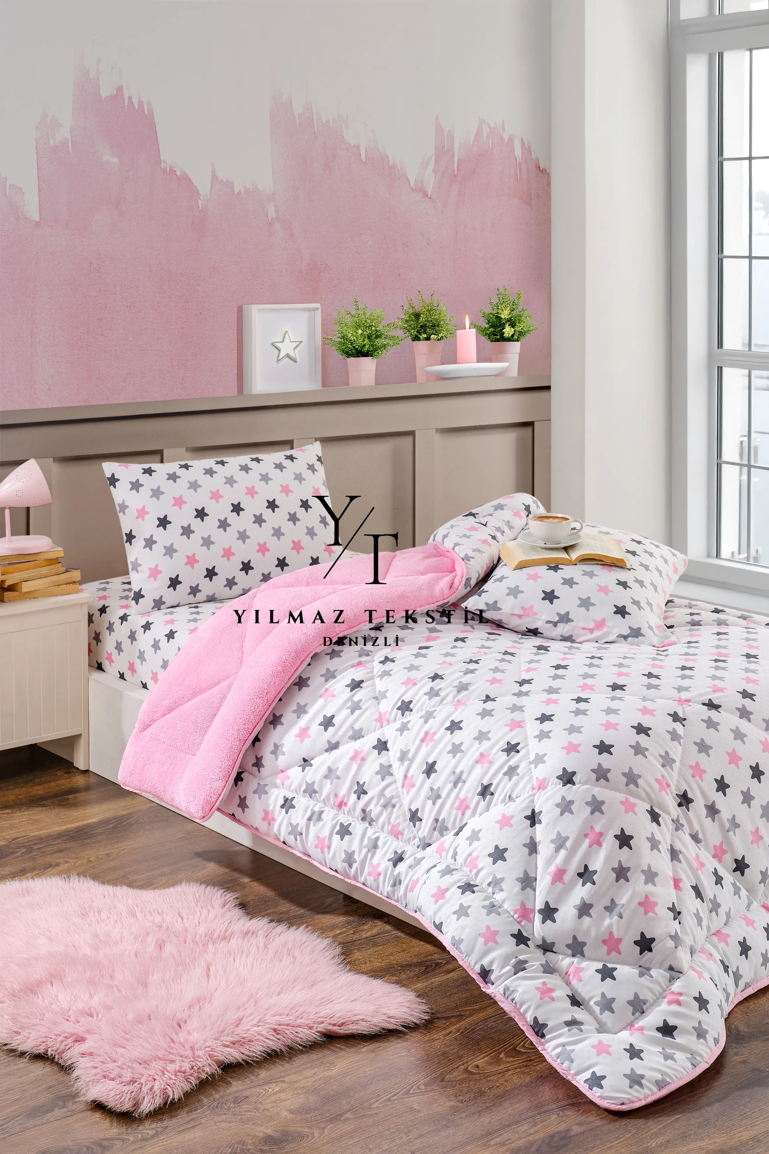 Tek Kişilik Uyku Seti Lastikli Çarşaflı Pembe Yıldız