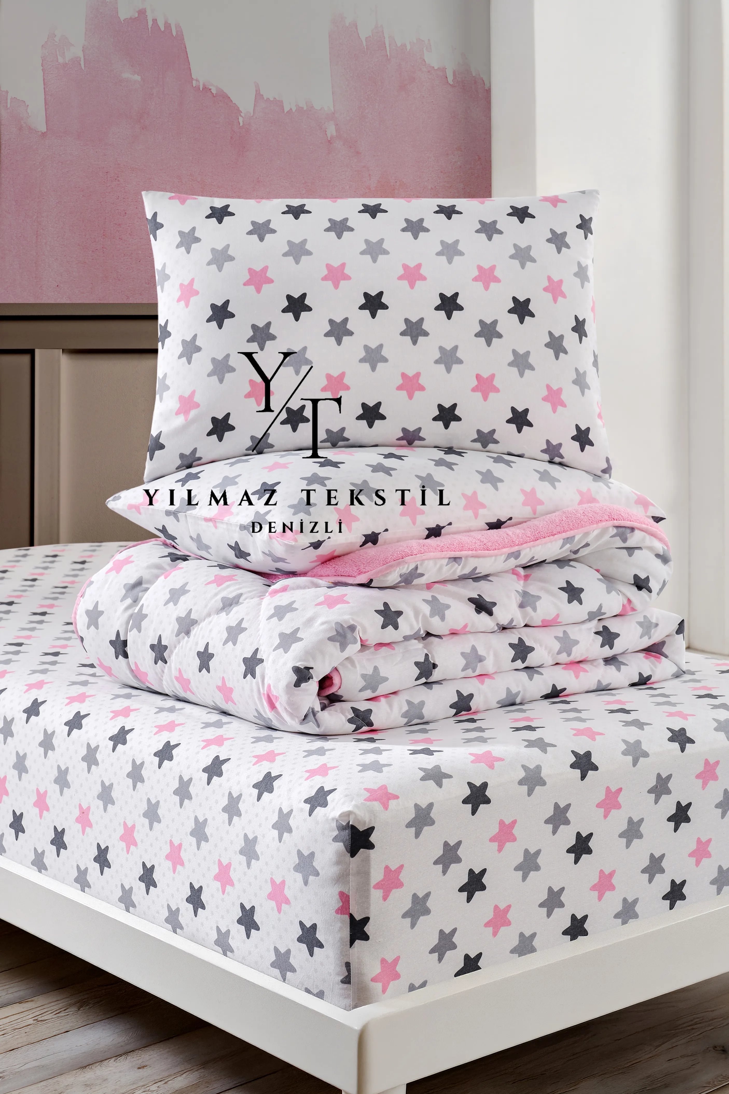 Tek Kişilik Uyku Seti Lastikli Çarşaflı Pembe Yıldız