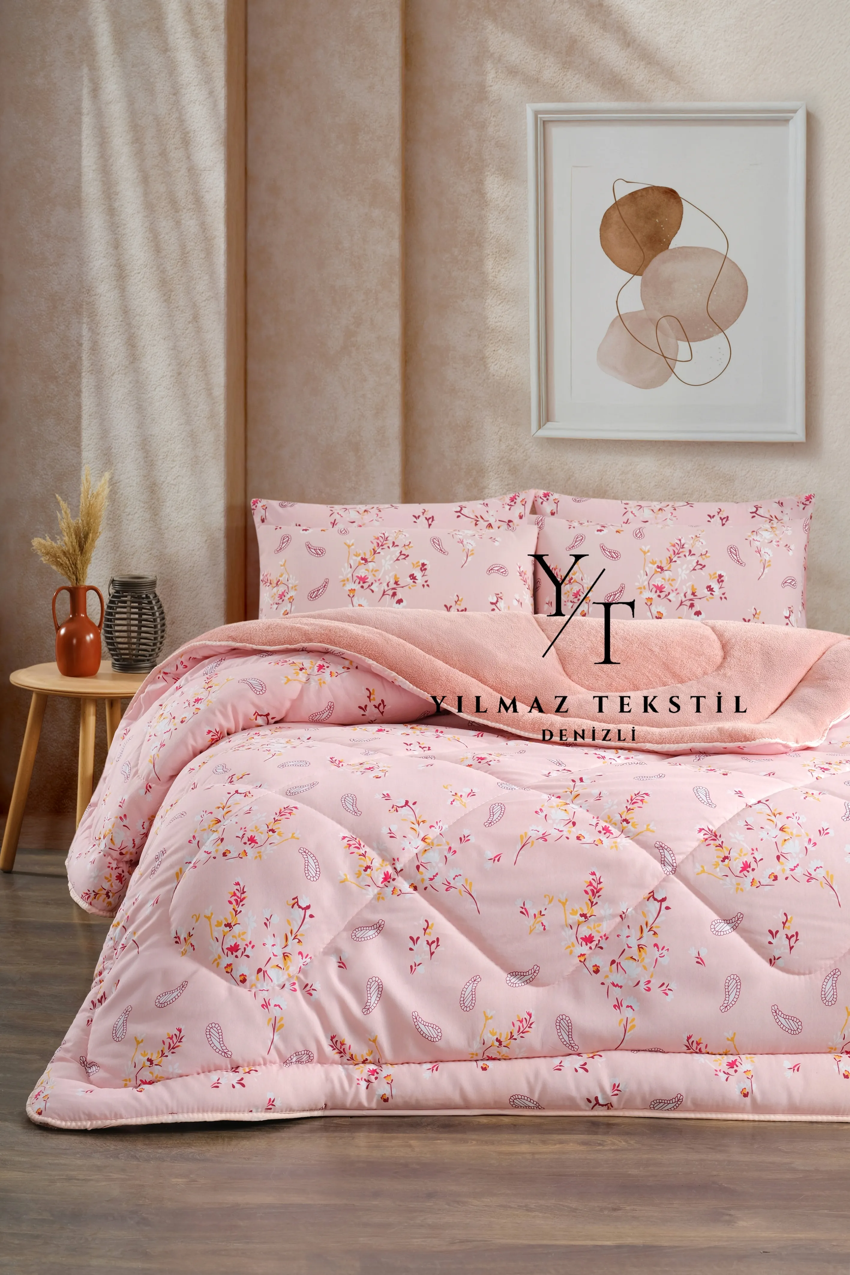 Çift Kişilik Yorgan Yastık Kılıfı Pudra Etnik