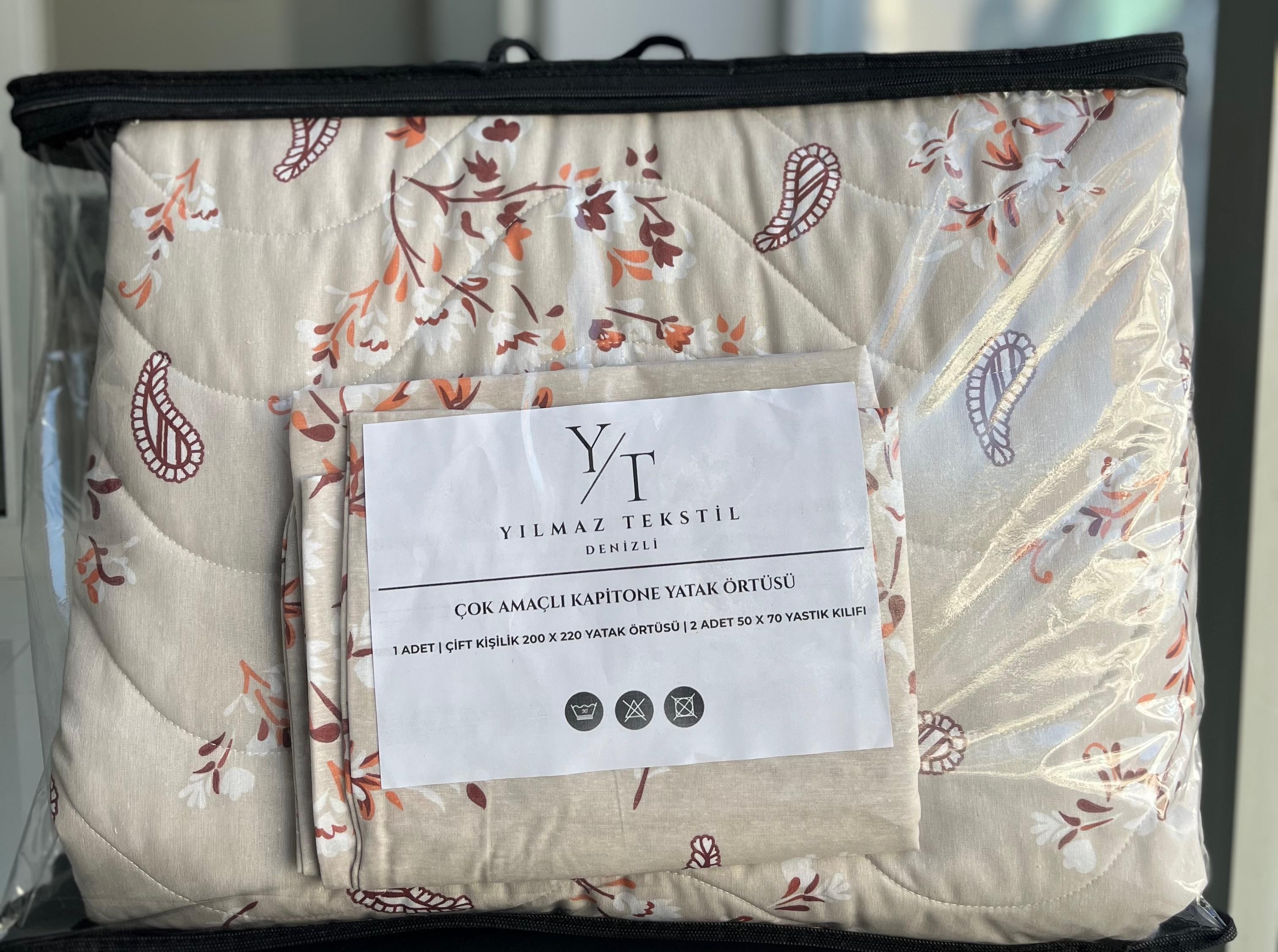 Çift Kişilik Yatak Örtüsü 200x220 | 2 Adet Yastık Kılıfı 50x70 | Bej | Çantalı
