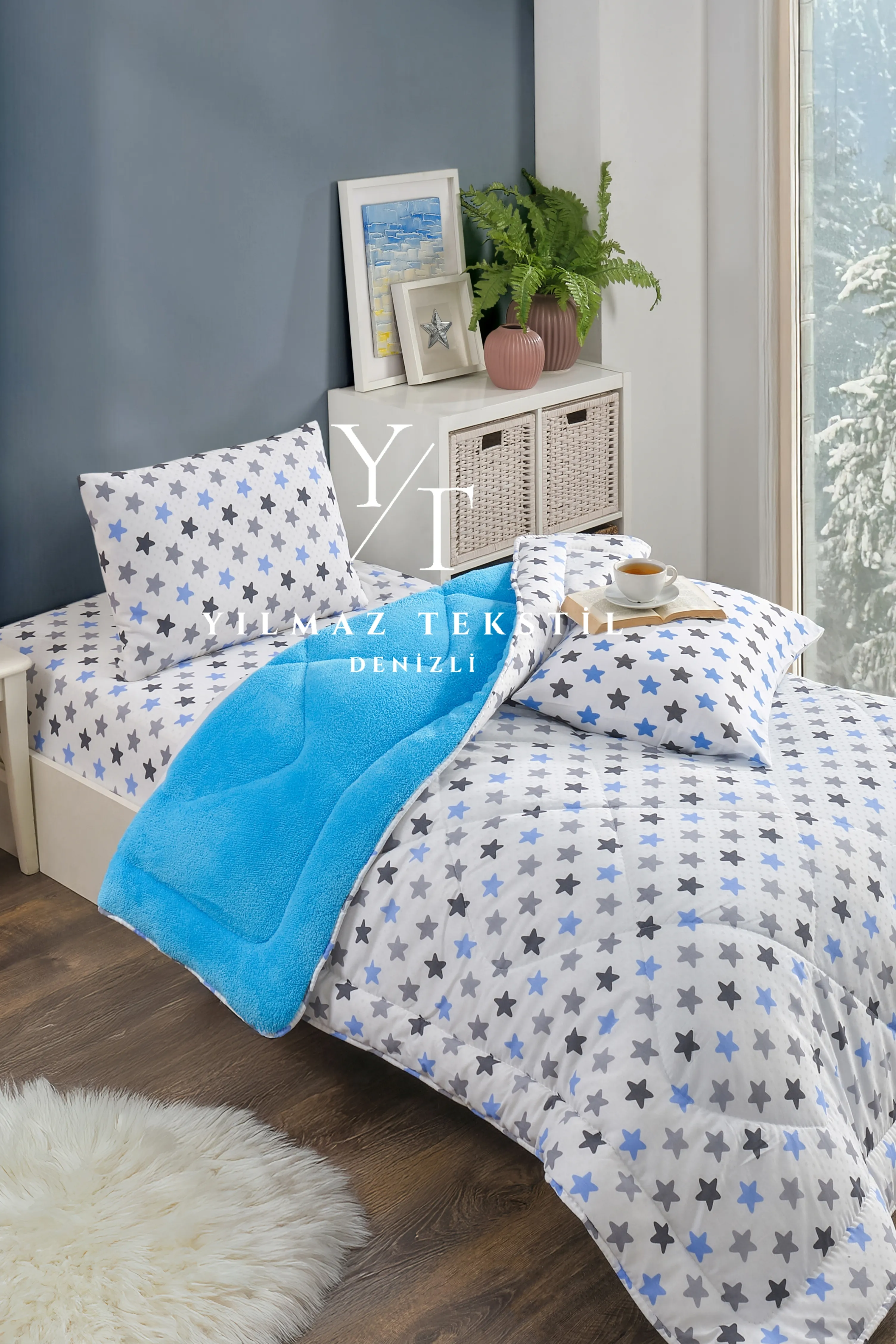 Tek Kişilik Uyku Seti Lastikli Çarşaflı Mavi Yıldız