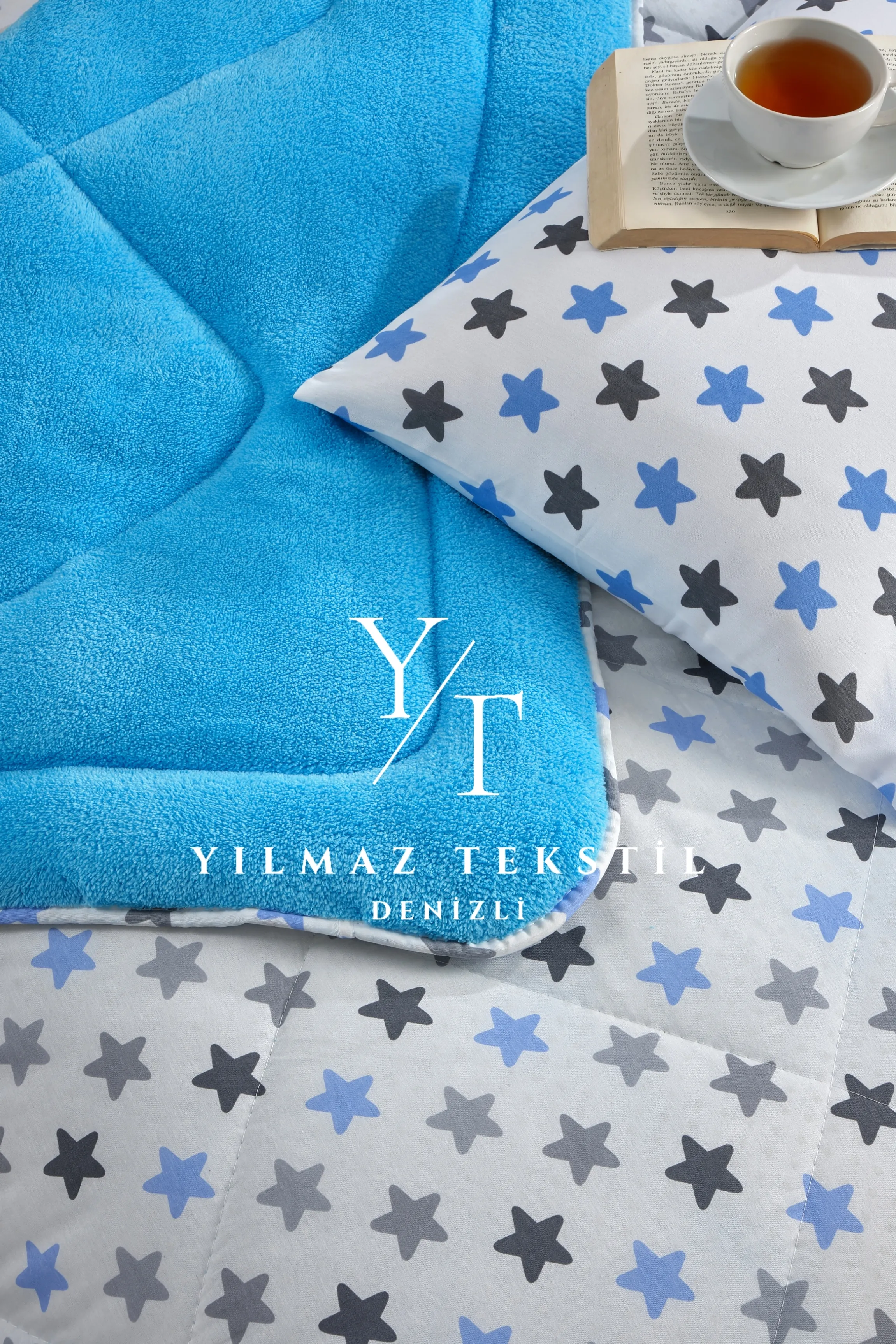 Tek Kişilik Yorgan Yastık Kılıfı Mavi Yıldız