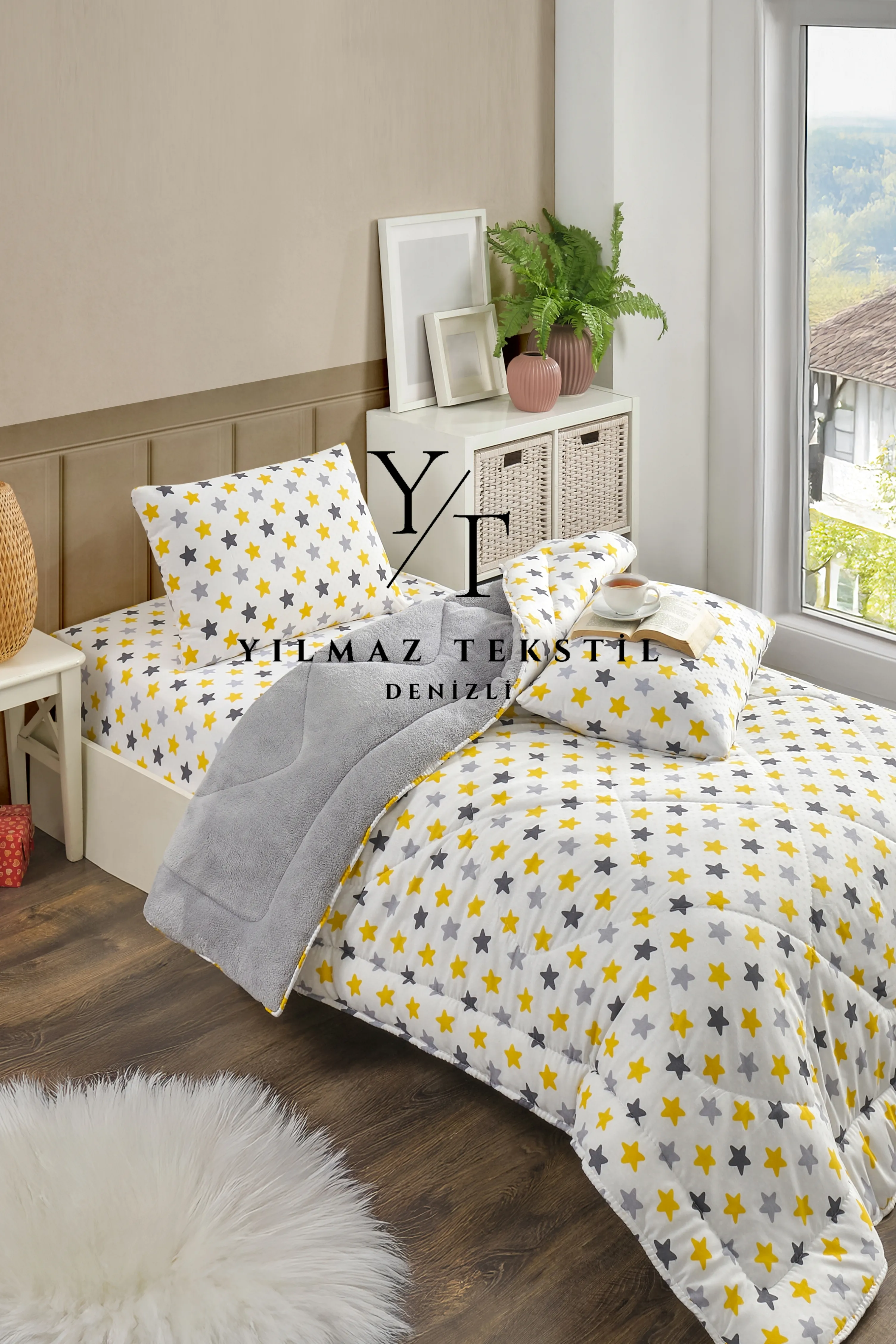 Tek Kişilik Uyku Seti Lastikli Çarşaflı Sarı Yıldız
