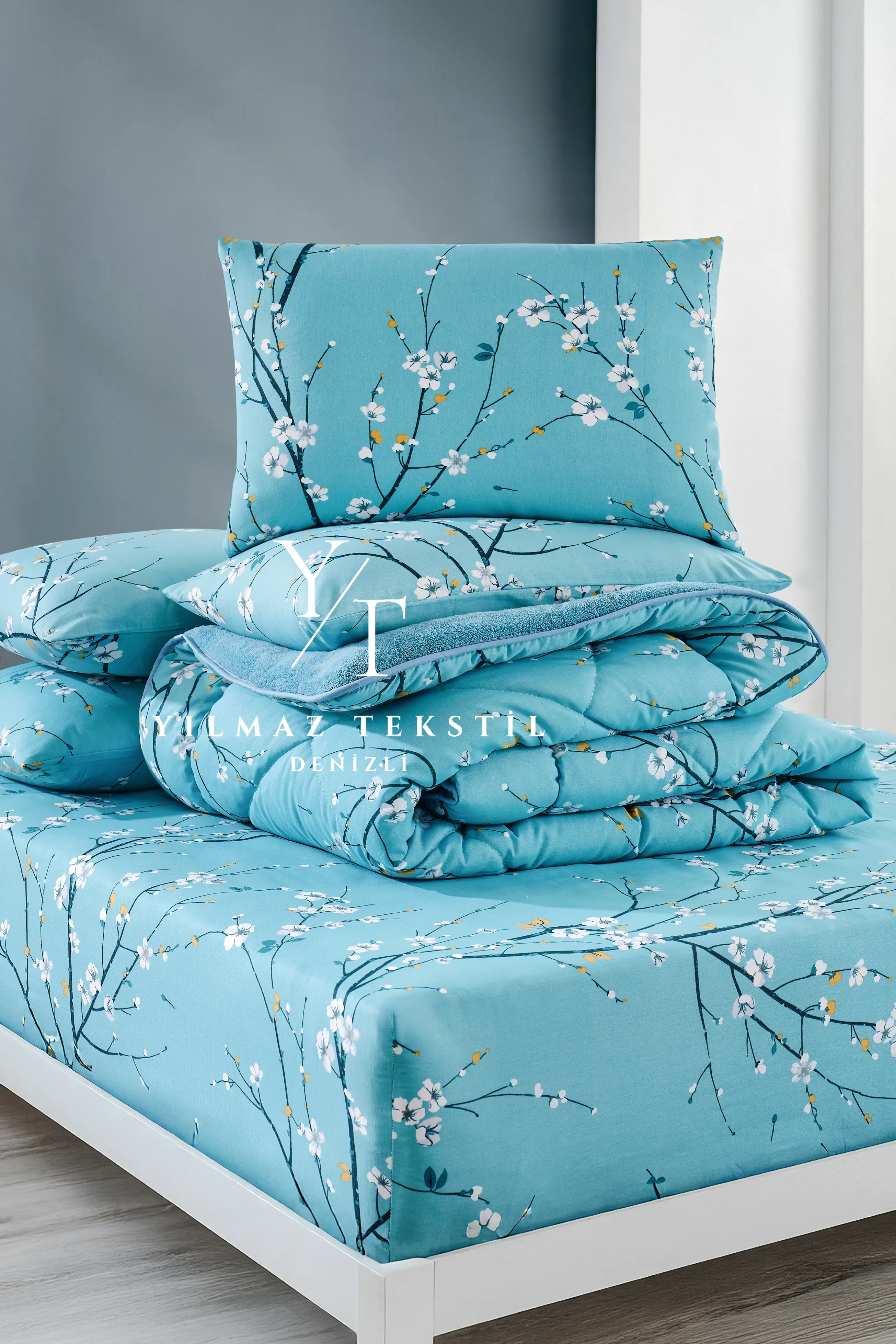 Lüx Çift Kişilik Uyku Seti Lastikli Çarşaflı Sakura