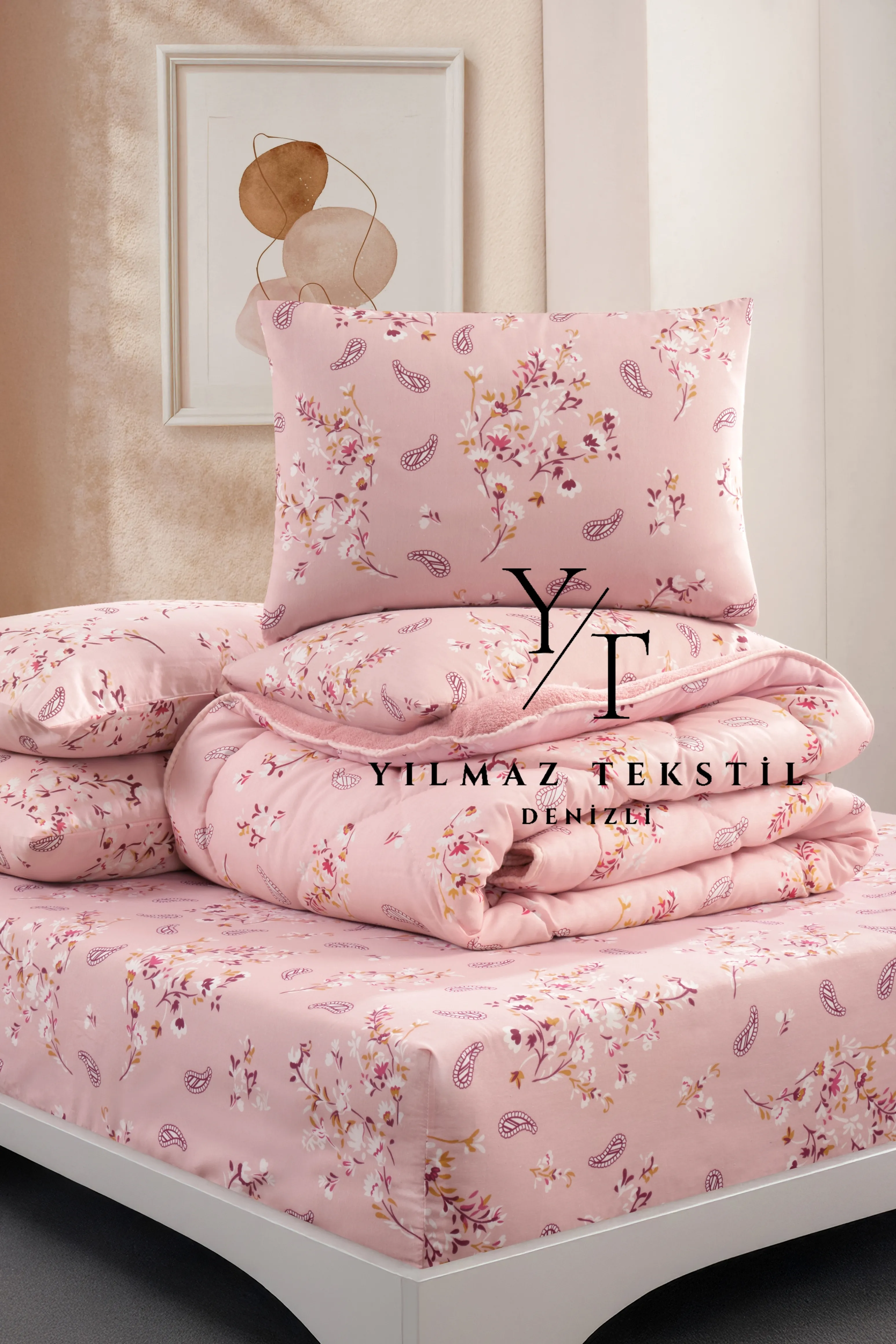 Çift Kişilik Uyku Seti Lastikli Çarşaflı Pudra Etnik