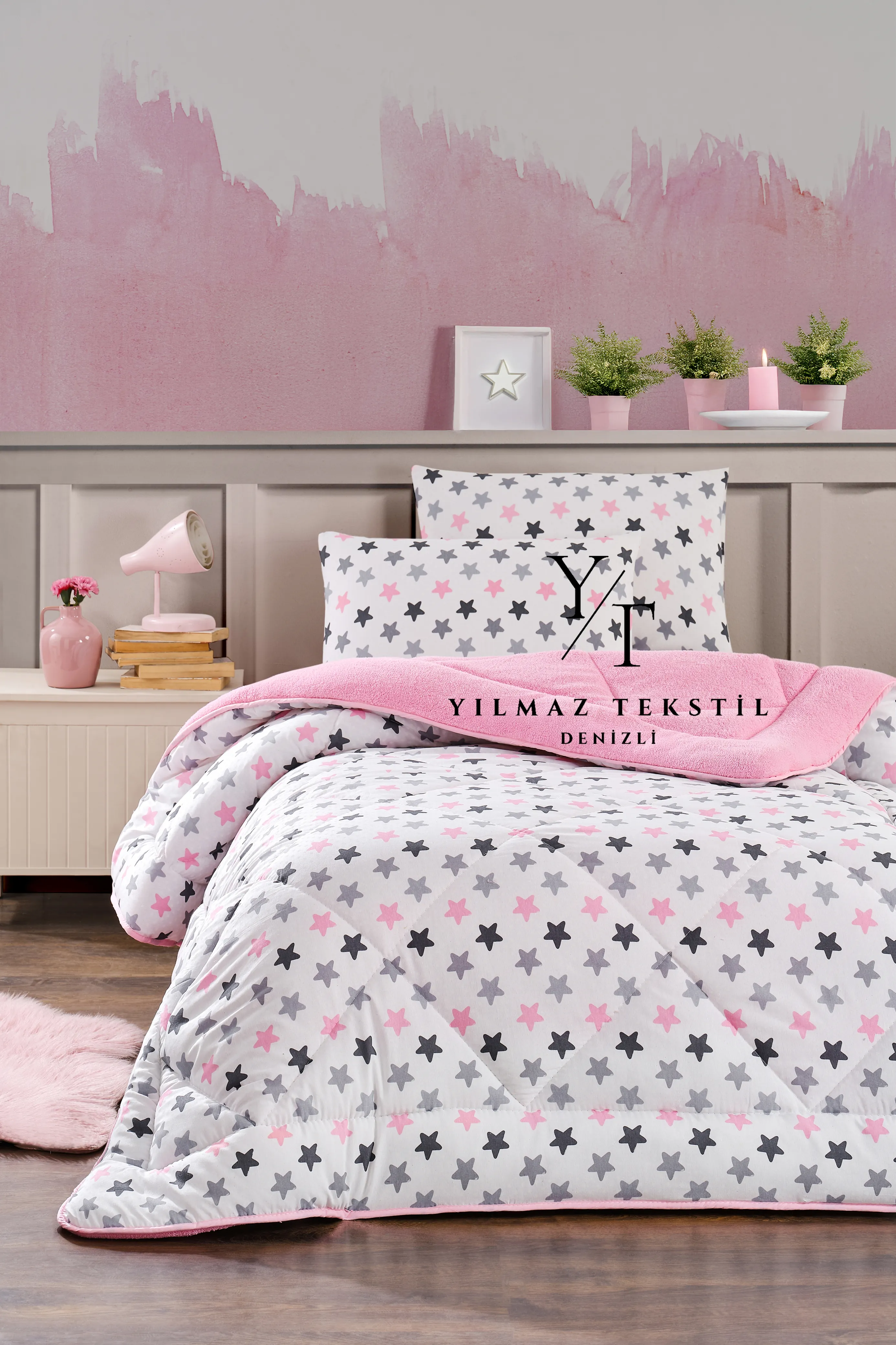 Tek Kişilik Yorgan Yastık Kılıfı Pembe Yıldız